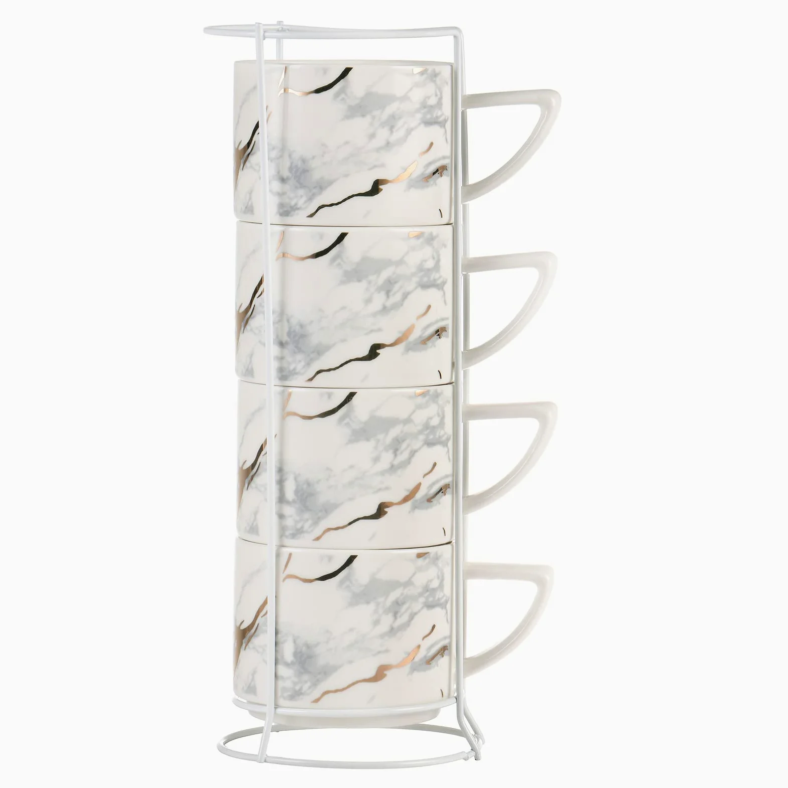Juego de 4 tazas de porcelana para capuchino de 200 ml con soporte cromado