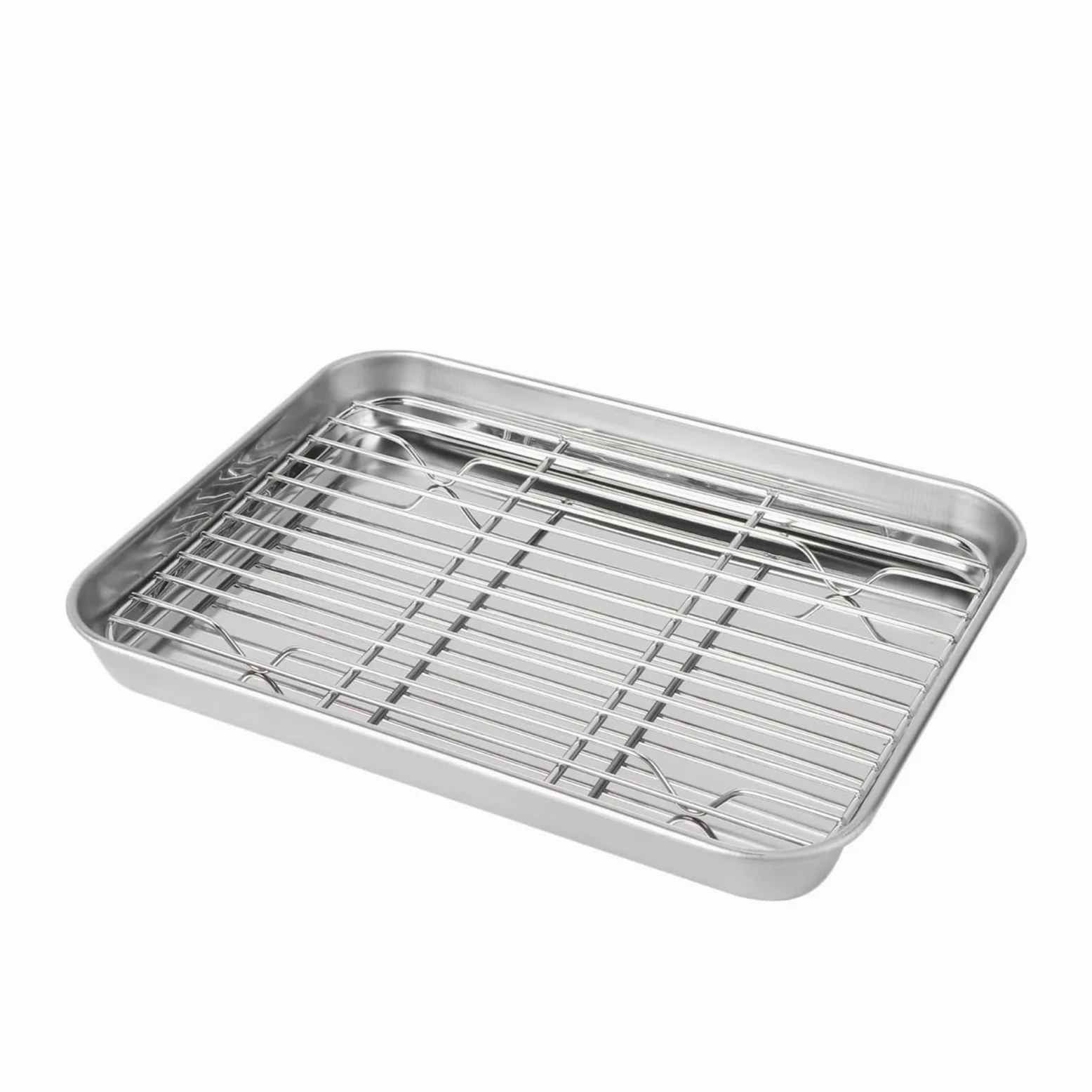 Juego de bandejas for hornear acero inoxidable, bandeja for horno sin revestimiento superficie lisa con rejilla for asar y servir para Cocina(26.5X20.5X2.5CM)