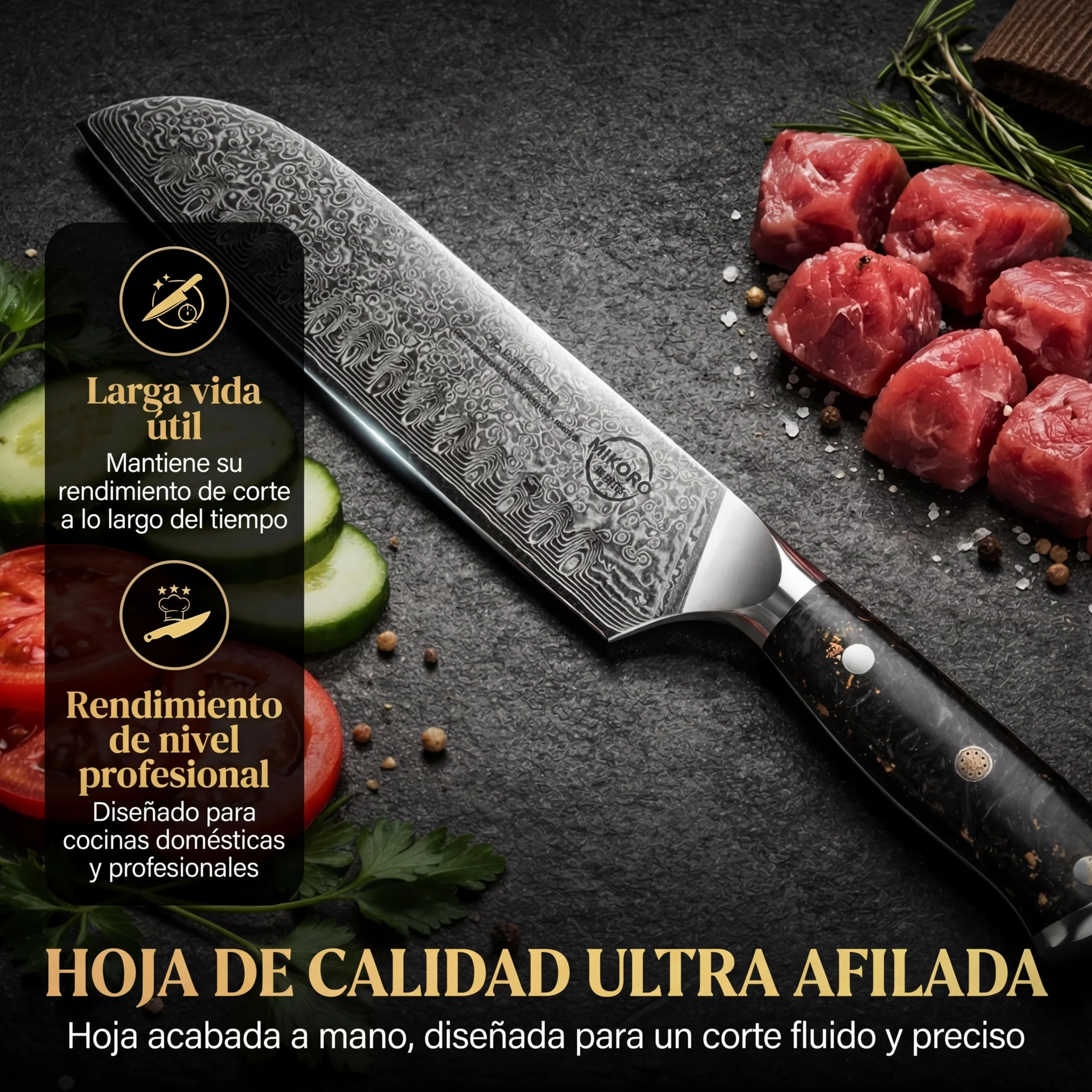 MIKORO Cuchillo Santoku Japonés de 18 cm - Acero de Damasco de 67 Capas con Alto Contenido de Carbono - Cuchillo de Cocina Profesional Ultra Afilado - Mango Ergonómico - Para Carne, Pescado y Verduras