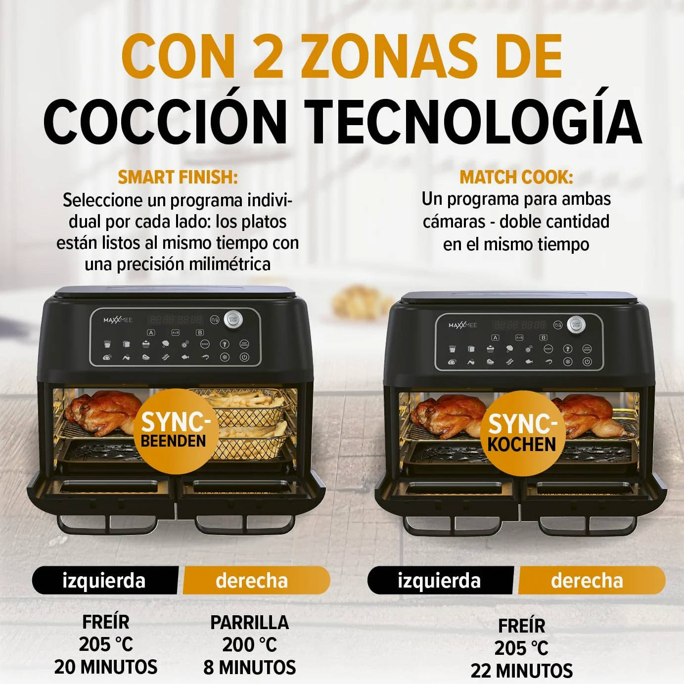 MAXXMEE Freidora de aire caliente de doble cámara 11 l | Combinación inteligente de horno de aire caliente, parrilla y freidora con 2 compartimentos XXL de 5,5 litros cada uno | Panel de control