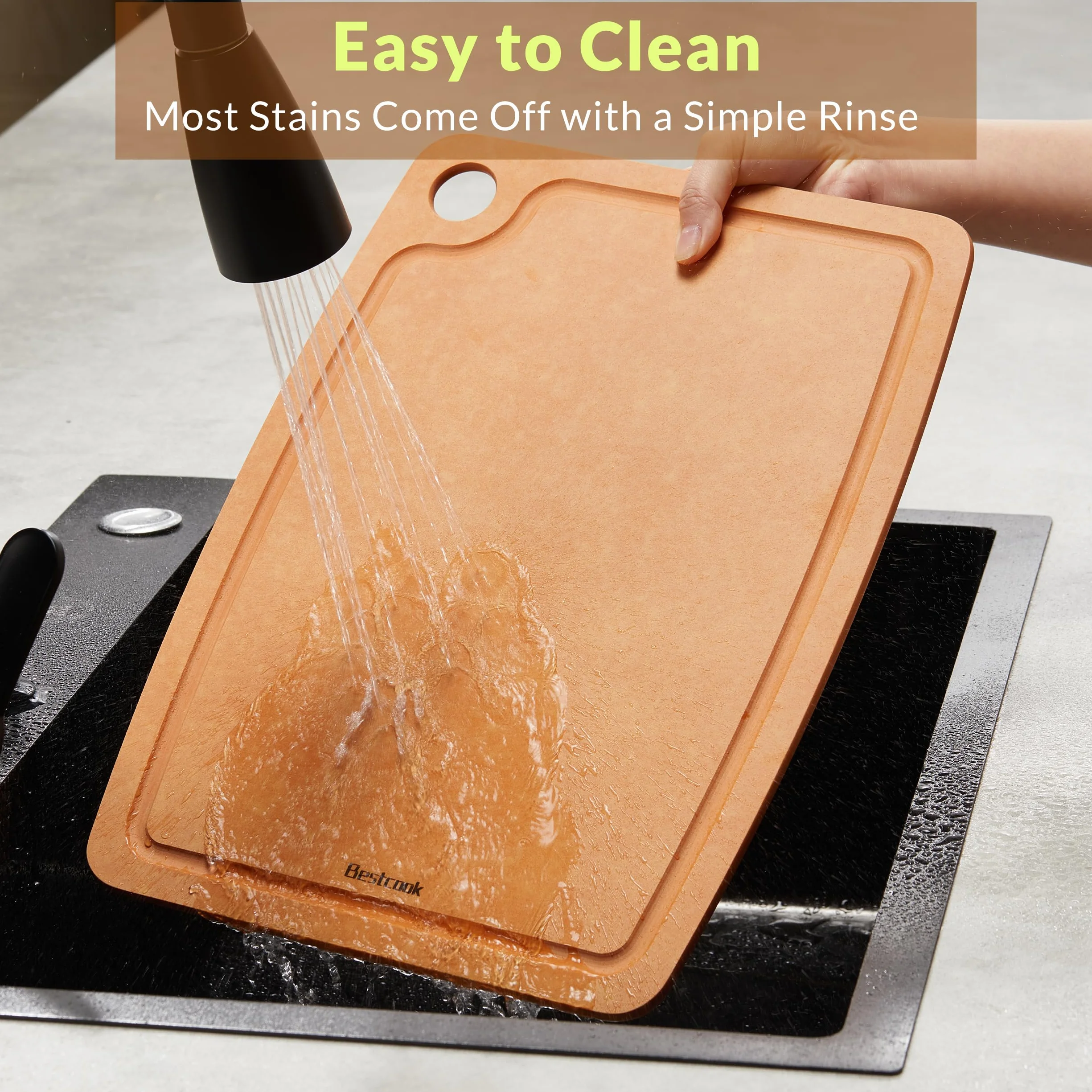 BESTCOOK Tabla de Cortar de Fibra de Madera con Ranura para Jugos, Apta Para Lavavajillas, Patas Antideslizantes, sin BPA, no Porosa, Reversible, Duradera para la Cocina, Carne, Pan y Fruta
