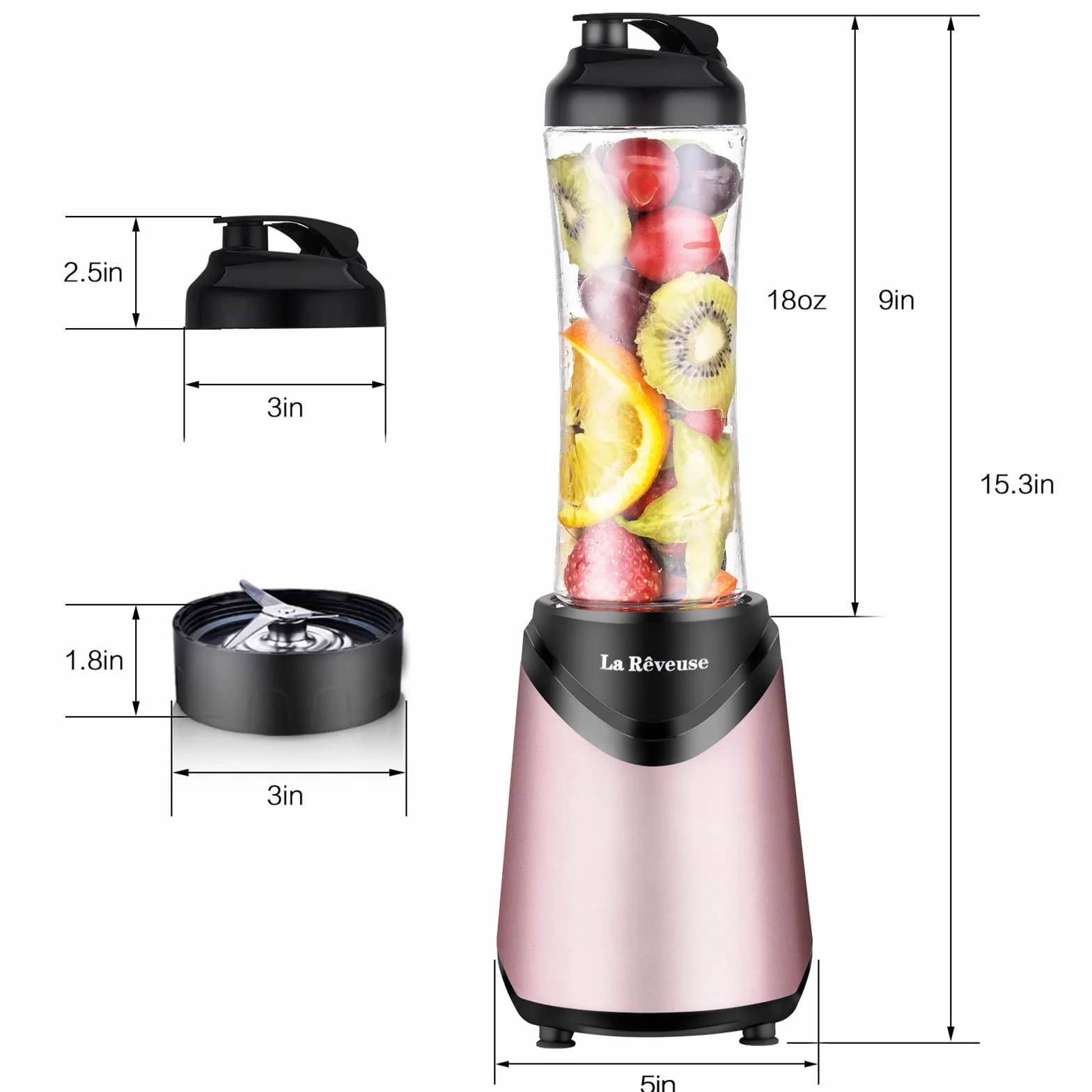 La Rêveuse Licuadora de batidos tamaño personal con 2 botellas deportivas de viaje portátiles sin BPA (550 ml),300 vatios,rosado (Pink) | Con (2) Tazas portátiles 550 ml sin BPA con tapas, mezclador empujador, compacto hogar oficina dorm, 300 W, LARB2205K
