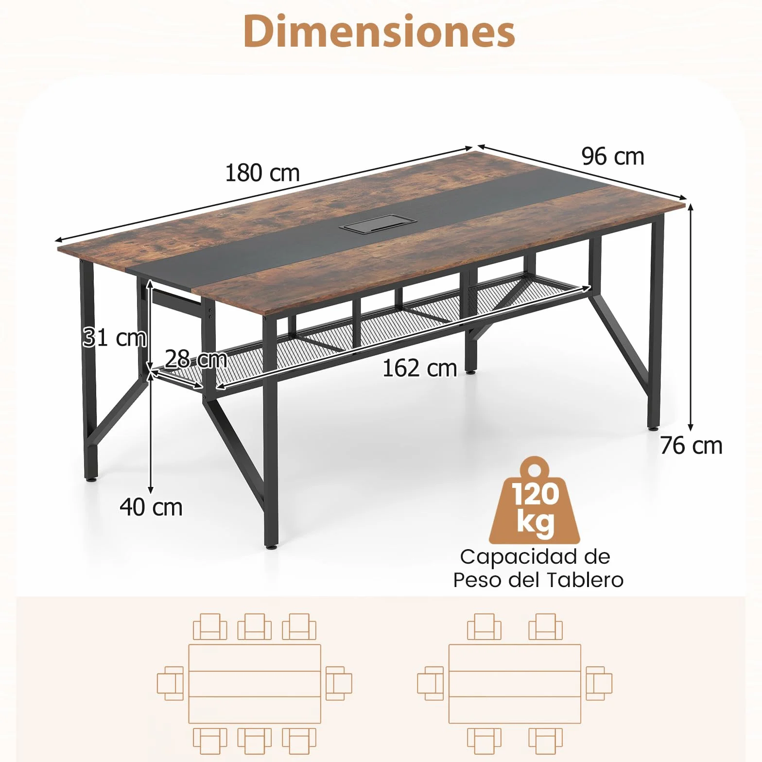 COSTWAY Mesa Rectangular para Reuniones 6-8 Personas, Mesa de Conferencias con Estante de Malla y Pasacables, Escritorio Industrial con Estructura Metálica, Oficina Sala, 180 x 96 x 76 cm
