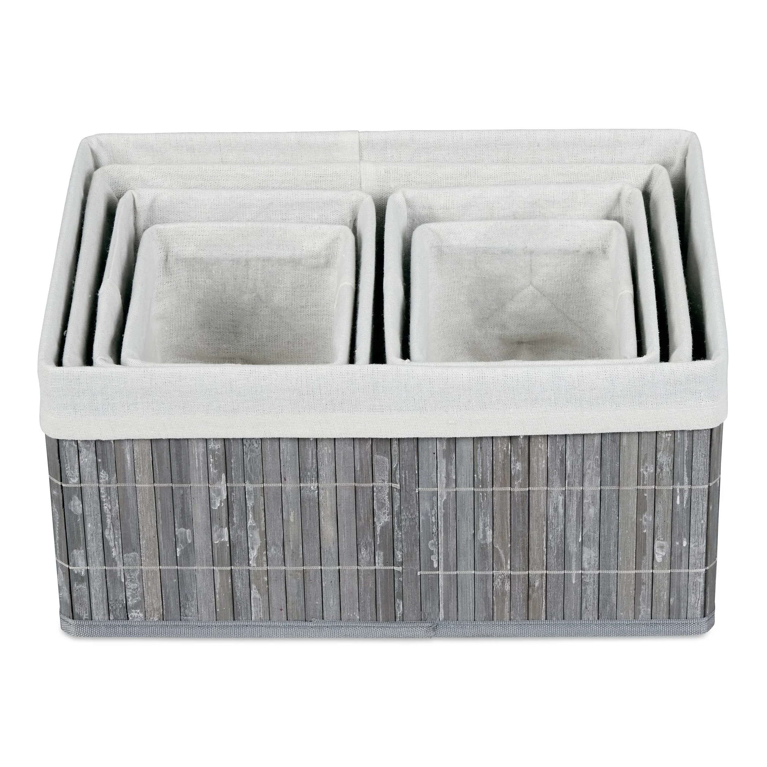 Relaxdays Set de Seis cestas de almacenaje, Funda de Tela, Bambú, Cuadrado y Rectangular, Organizador, Gris