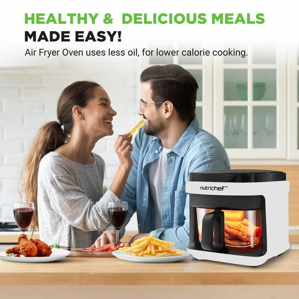NutriChef Freidora de aire caliente, 5,5 L, sin aceite, 1200 W, color blanco, 8 programas, ventana de visualización, pantalla táctil, baja en grasa, para familias y resultados crujientes