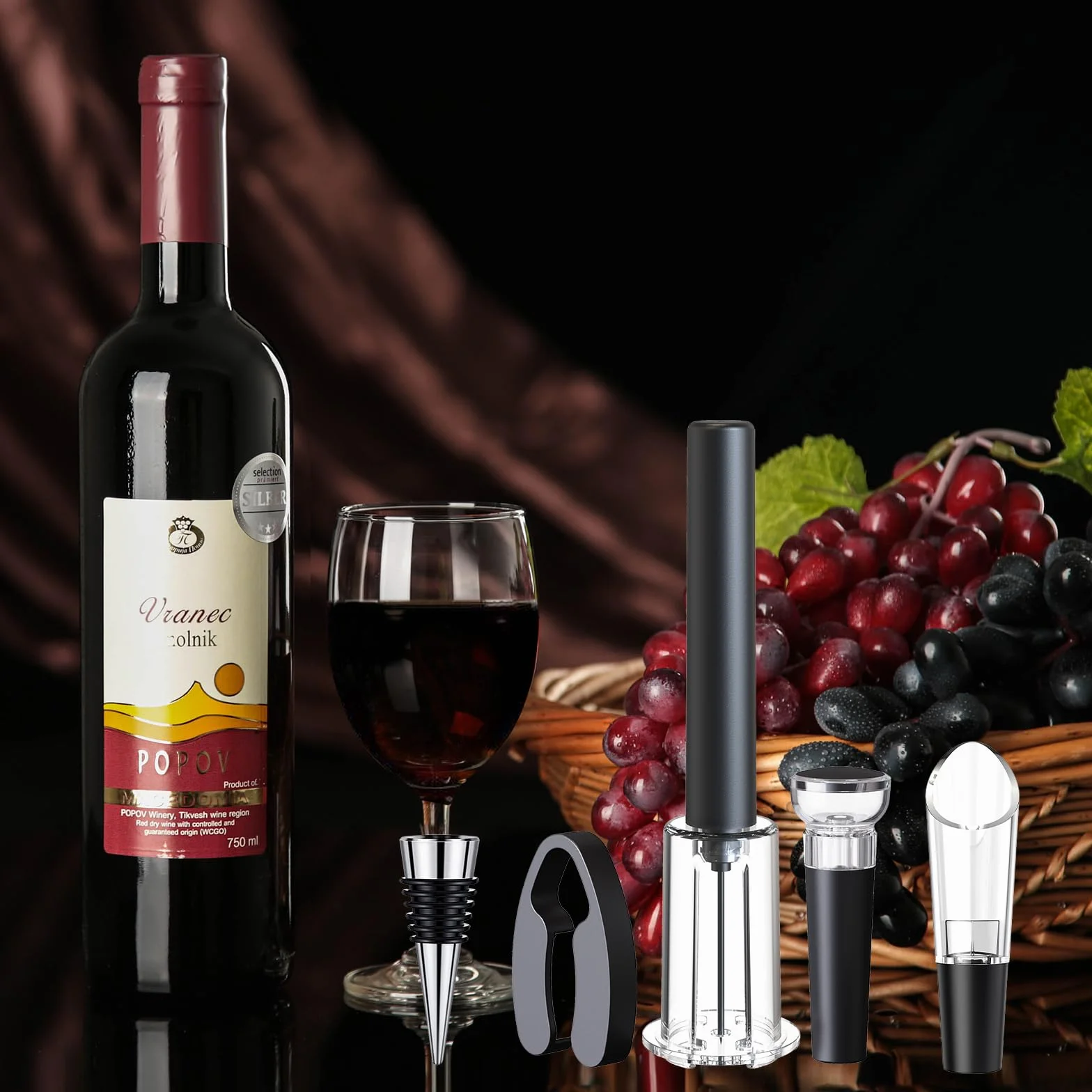 Juego de Sacacorchos de Aire a Presión, Incluye Abrebotellas, Corta Cápsulas, 2 Diferentes Tapones de Botella y Vertedor, Abridor de Vino Profesional, Amantes del Vino Regalo Set