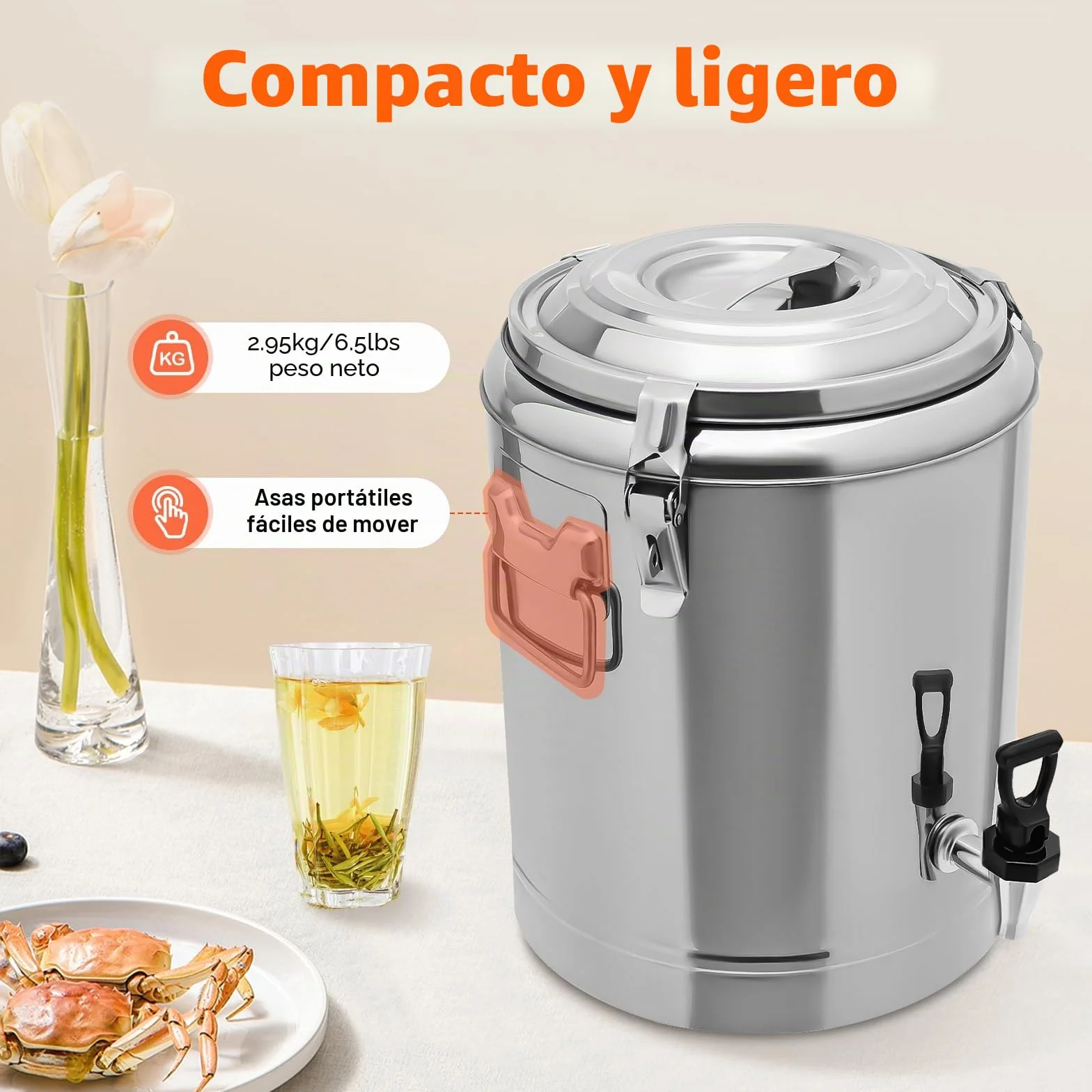 Recipiente de cereales de acero inoxidable 201, 14 l, cubo aislado con grifo, recipiente de transporte térmico de acero inoxidable para especies, fiestas y picnics