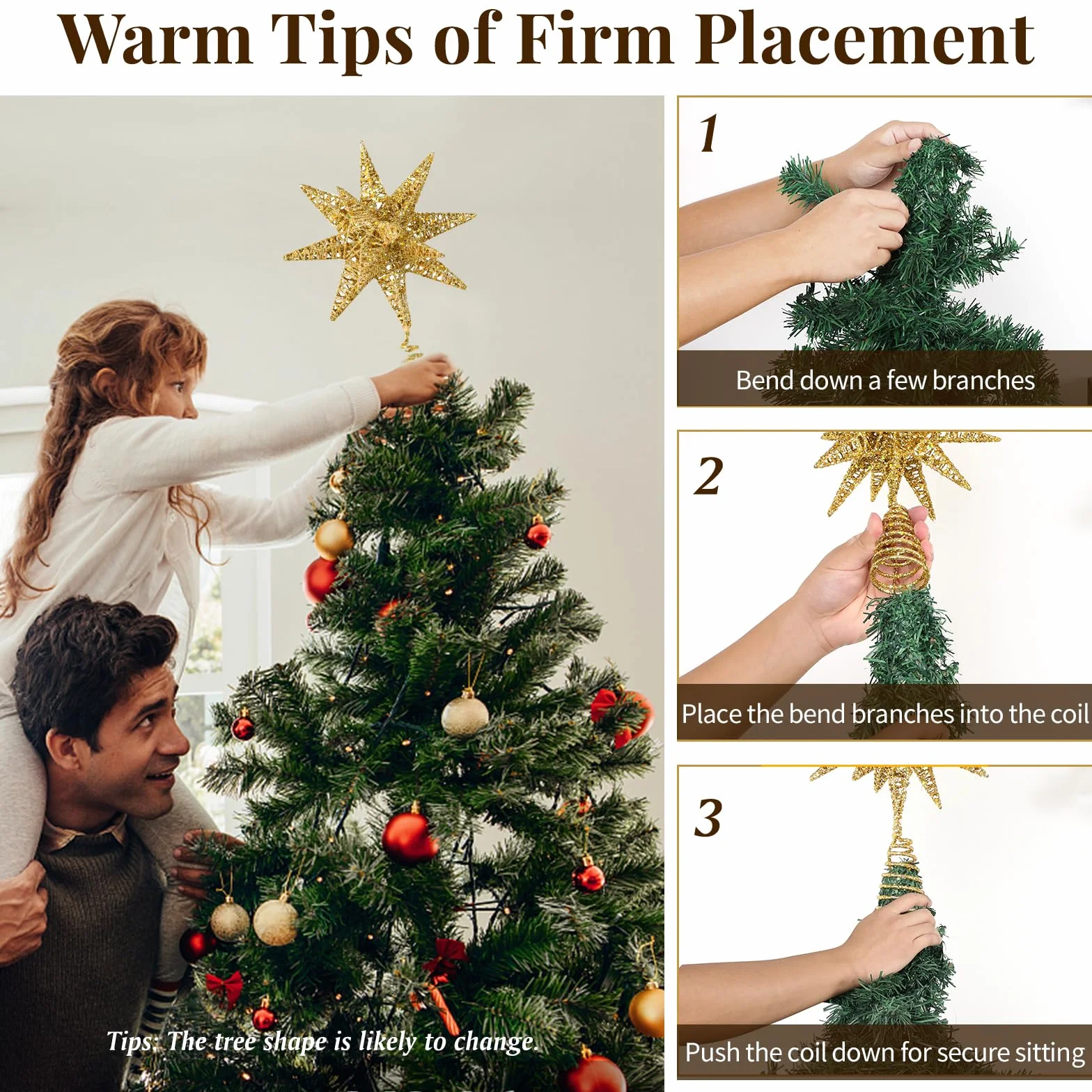 Lewondr Estrella para Árbol de Navidad, 11" Enchufable y Control Remoto Estrella de Copa Geométrica 3D Iluminada para Decoración Navideña, Función Temporizador y Cable 5m, Luz Cálida, Oro