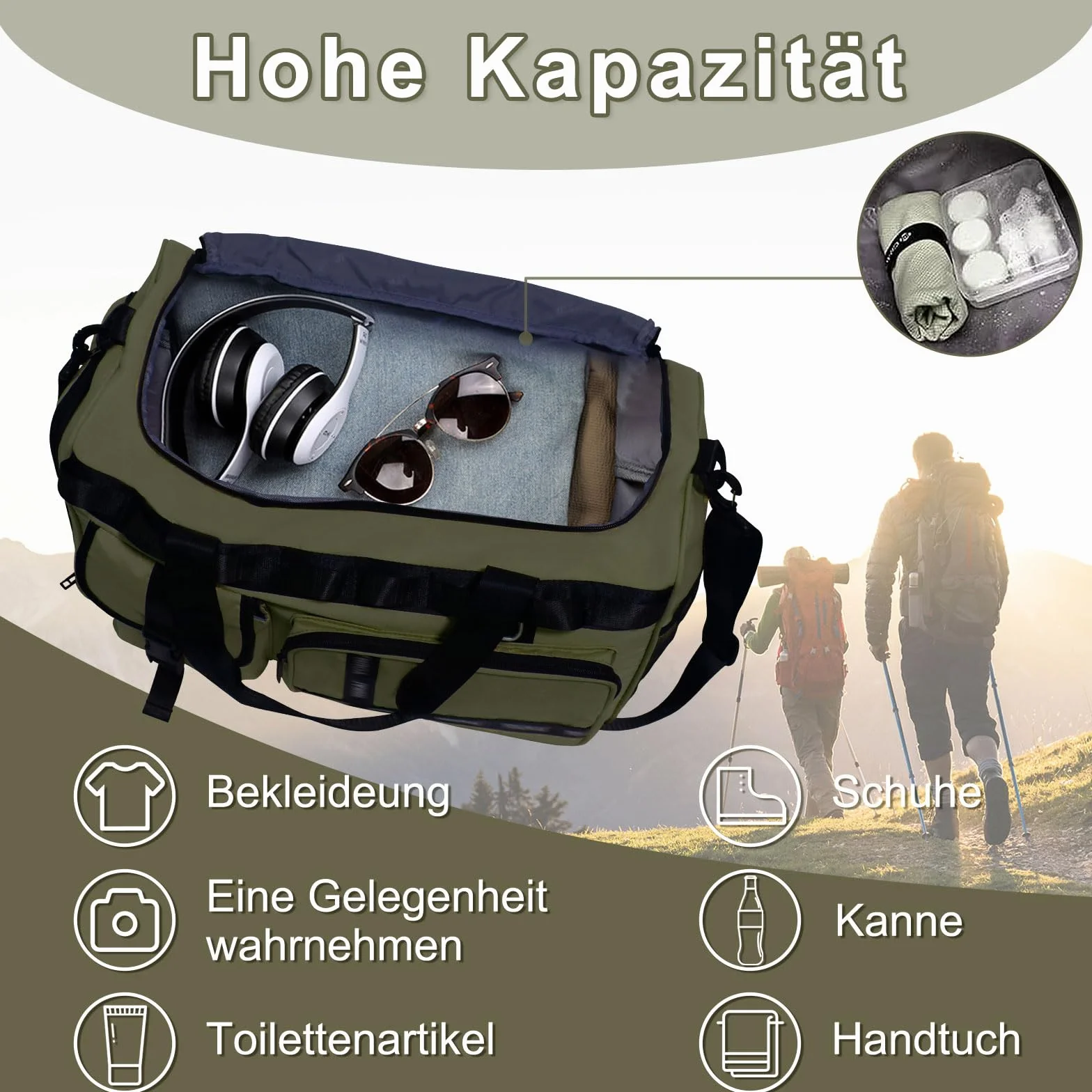 Sporttasche Damen mit Schuhfach & Nassfach 65L Gym Bag Reisetasche Caqui