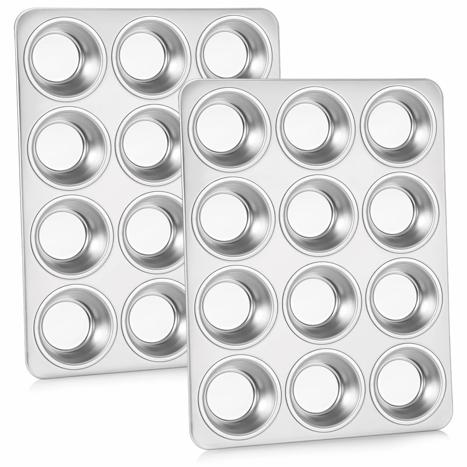 P&P CHEF Juego de moldes para hornear magdalenas, bandeja de acero inoxidable para mini tartas, quiche, apto para horno y lavavajillas, no tóxico y resistente, (12 tazas, 2 piezas)