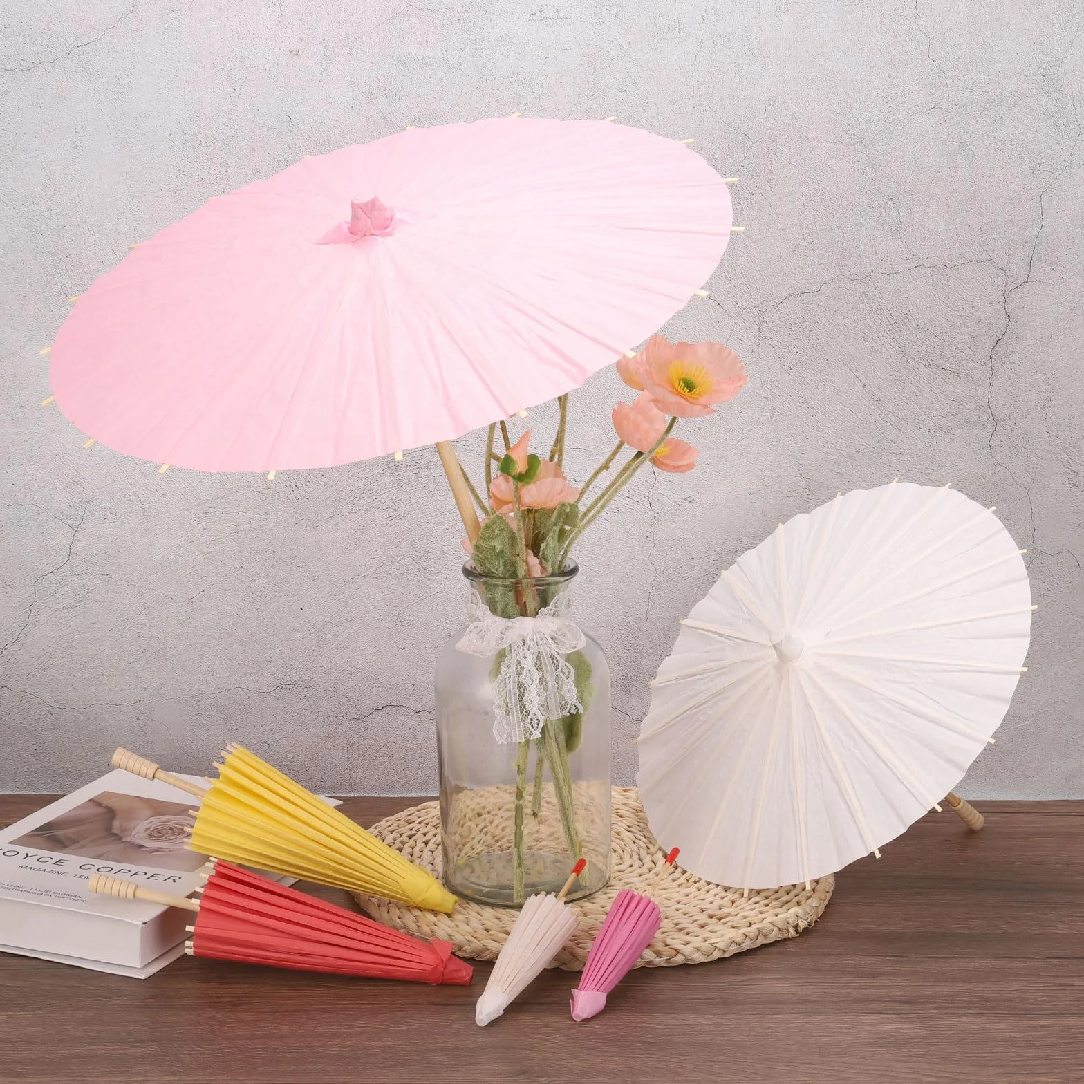 QUARKZMAN 6 Sombrillas De Papel, Sombrilla De Papel De 8 Pulgadas para DIY Pintadas Al Óleo, Sombrillas para Decoración De Bodas, Fiestas Y Manualidades, Color Rosa