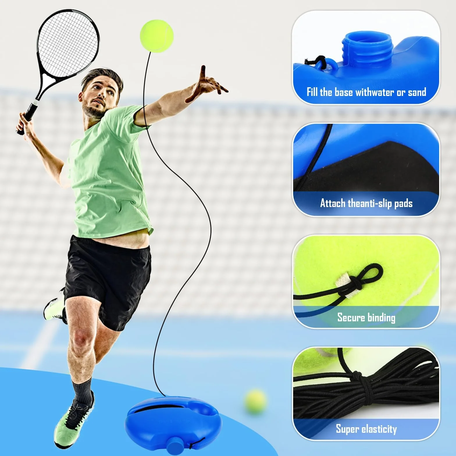 AKONE Juego de entrenamiento de tenis, tabla de base con 3 pelotas de tenis con alambre, herramienta de entrenamiento para entrenamiento de tenis, equipo de entrenamiento de tenis para exteriores,
