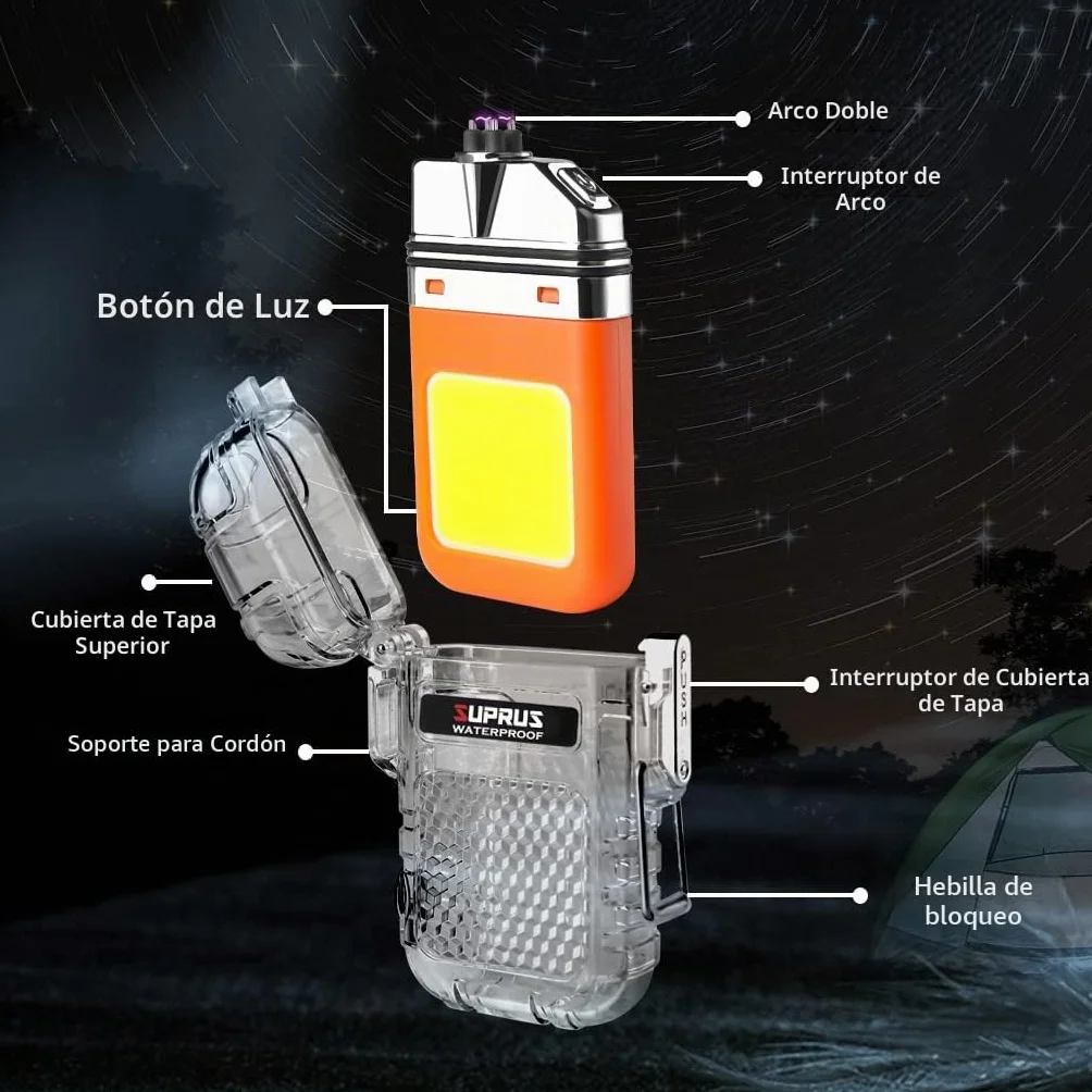 SUPRUS Encendedor de plasma recargable impermeable resistente al viento doble arco con silbato de emergencia naranja