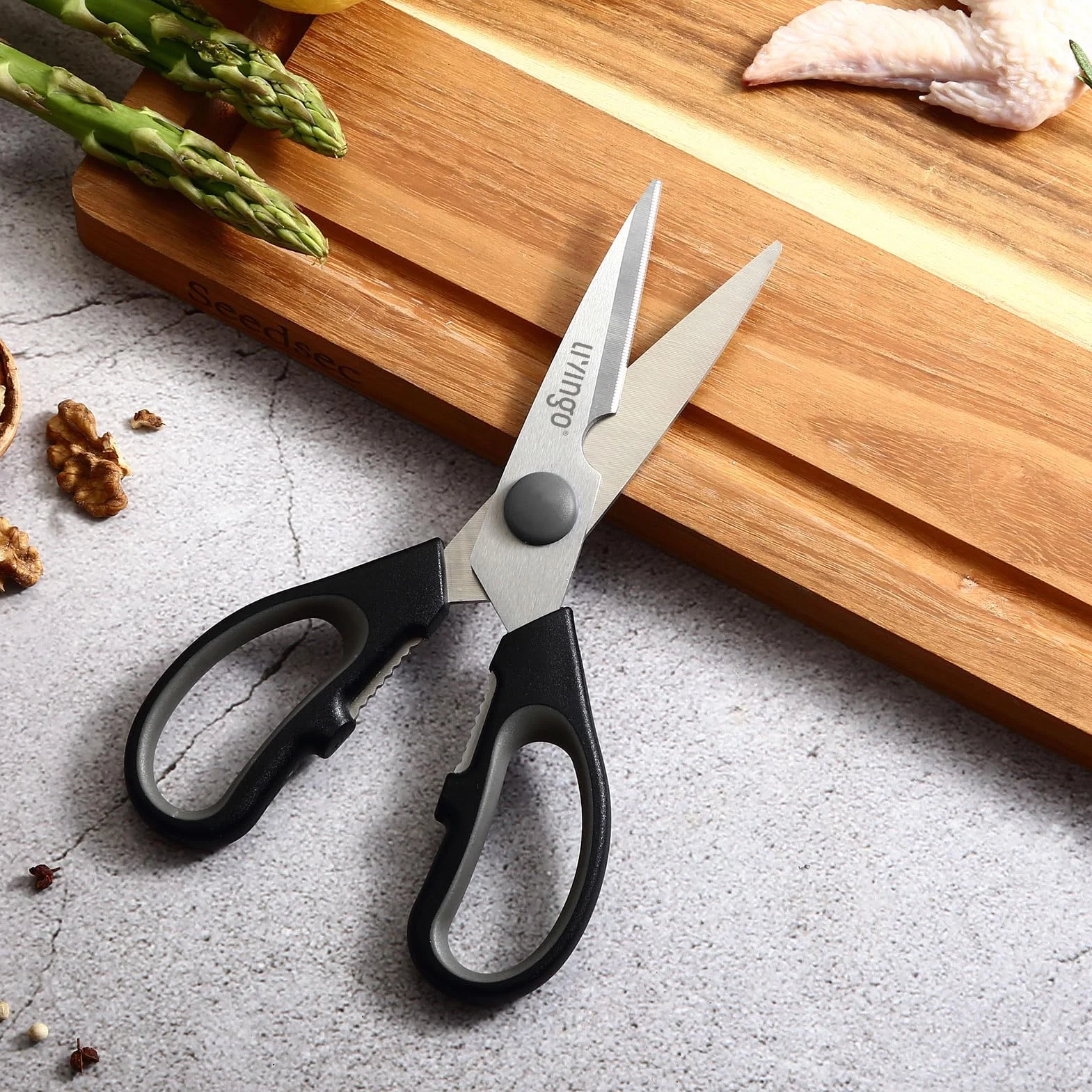LIVINGO Tijeras de cocina de acero inoxidable, 2 unidades, afiladas y duraderas, versátiles, para pollo, pescado