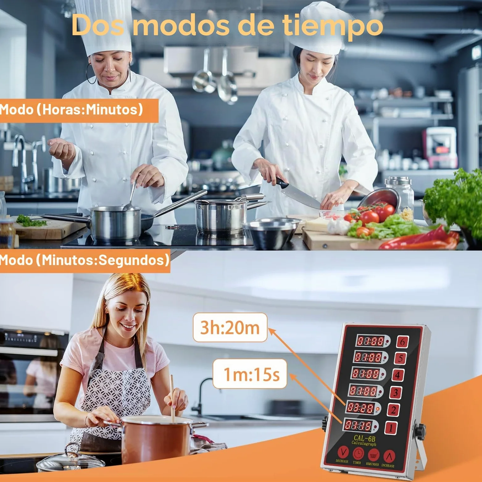 Temporizadores de Cocina de 6 Canales, Reloj de Cocina para Restaurantes Comerciales, Cronometro Digital Profesional, Pantallas LED, Fuertes Sirenas, Volumen Regulable, Función recordatorio