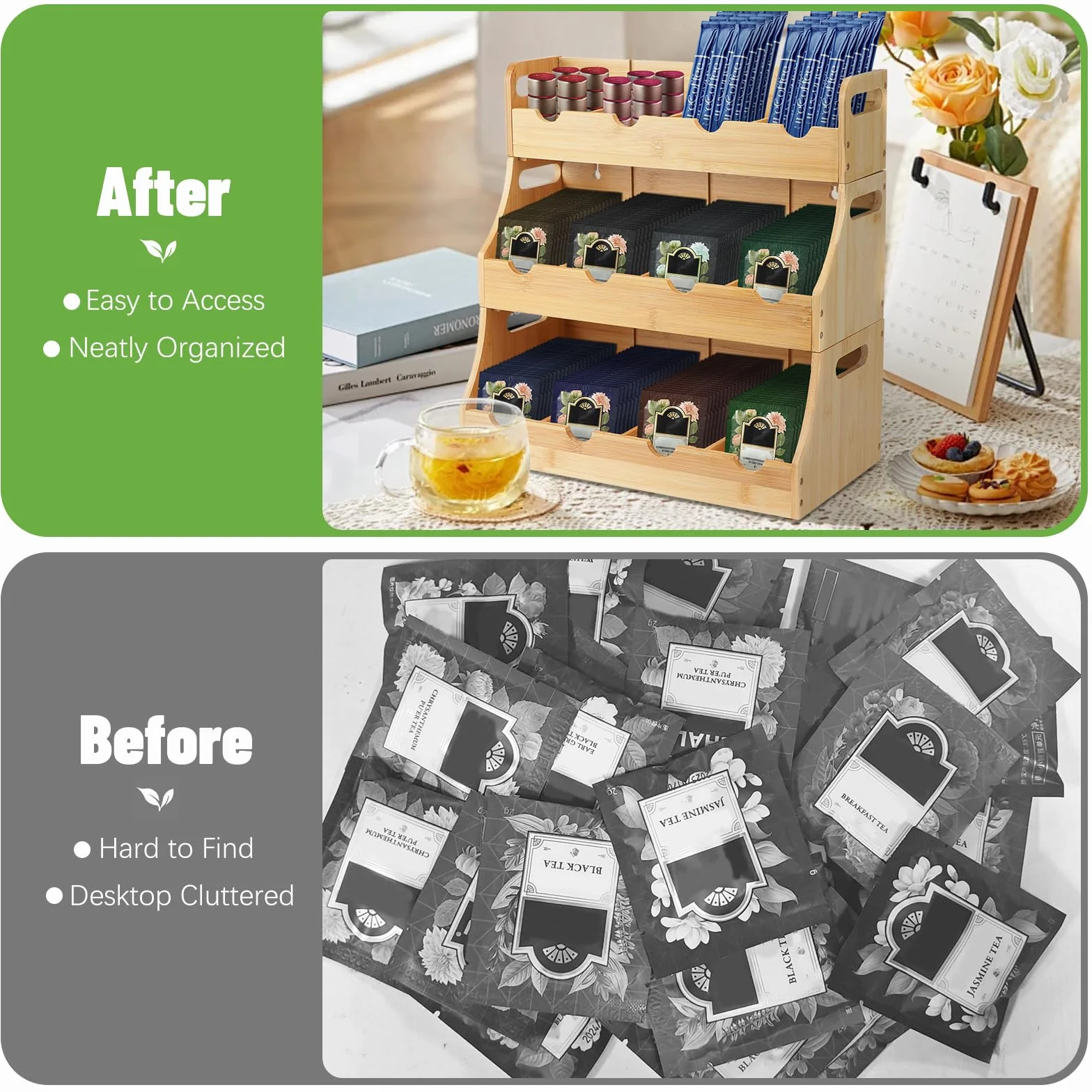 Organizador de Bolsas de Té De Vertical de Bambú, Apilable de 3 Niveles Caja Infusiones, para Colgar En La Pared Caja Te De con 12 Compartimentos Extraíbles para Bolsas De Té Café Azúcar