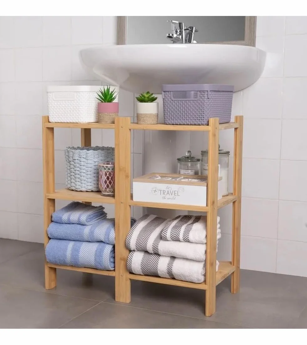 LOLAhome Mueble bajo Lavabo pie con 3 estantes de bambú Natural de 60x30x60 cm