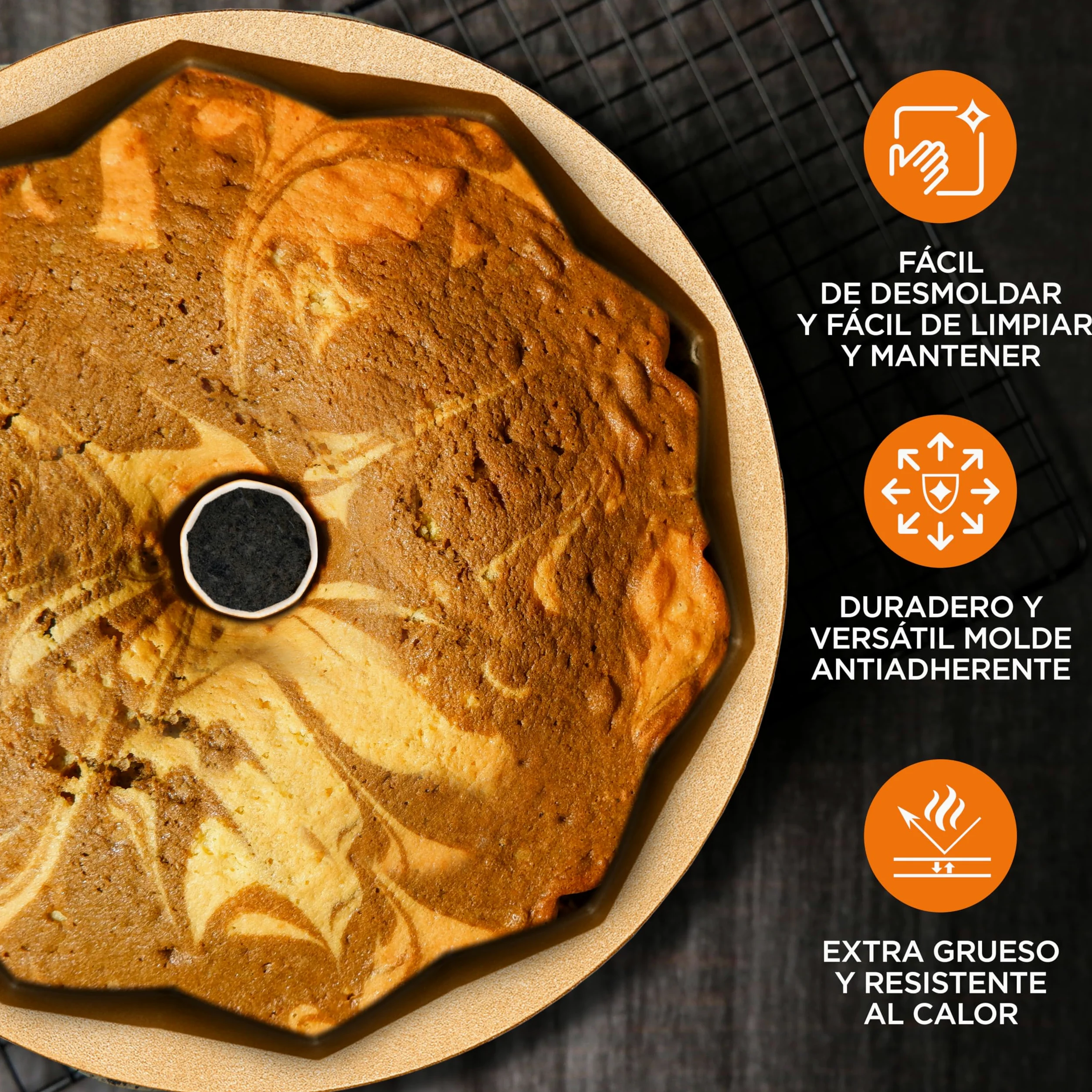 NutriChef molde bundt redondo antiadherente, Aluminio fundido, 23 cms, Diseño aro francés, Bandeja para horno, Bizcochos y tartas, Repostería casera, Cocción uniforme, Fácil de limpiar