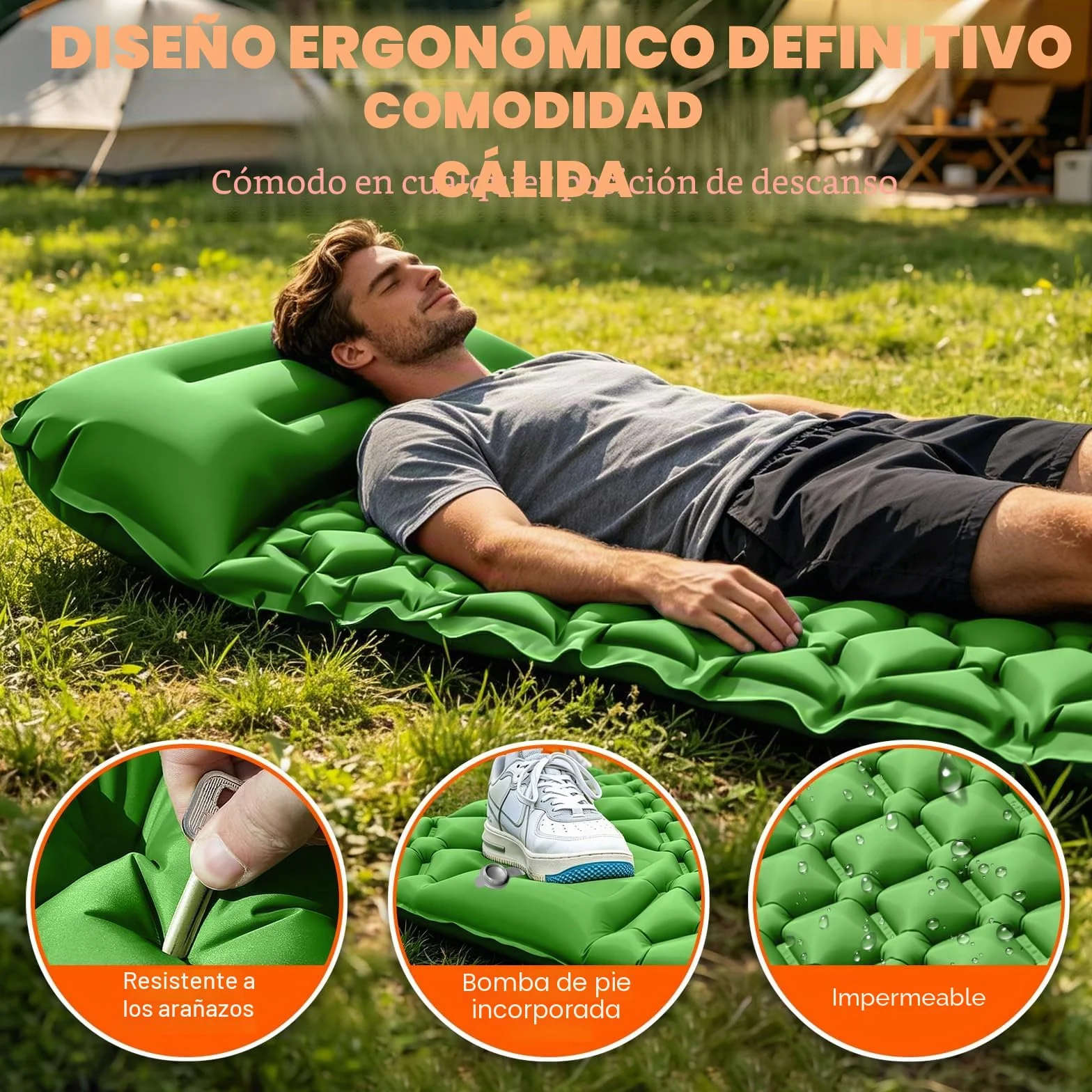 Colchoneta de Camping Autoinflable Ultraligera Impermeable con Bomba de Pie y Almohada