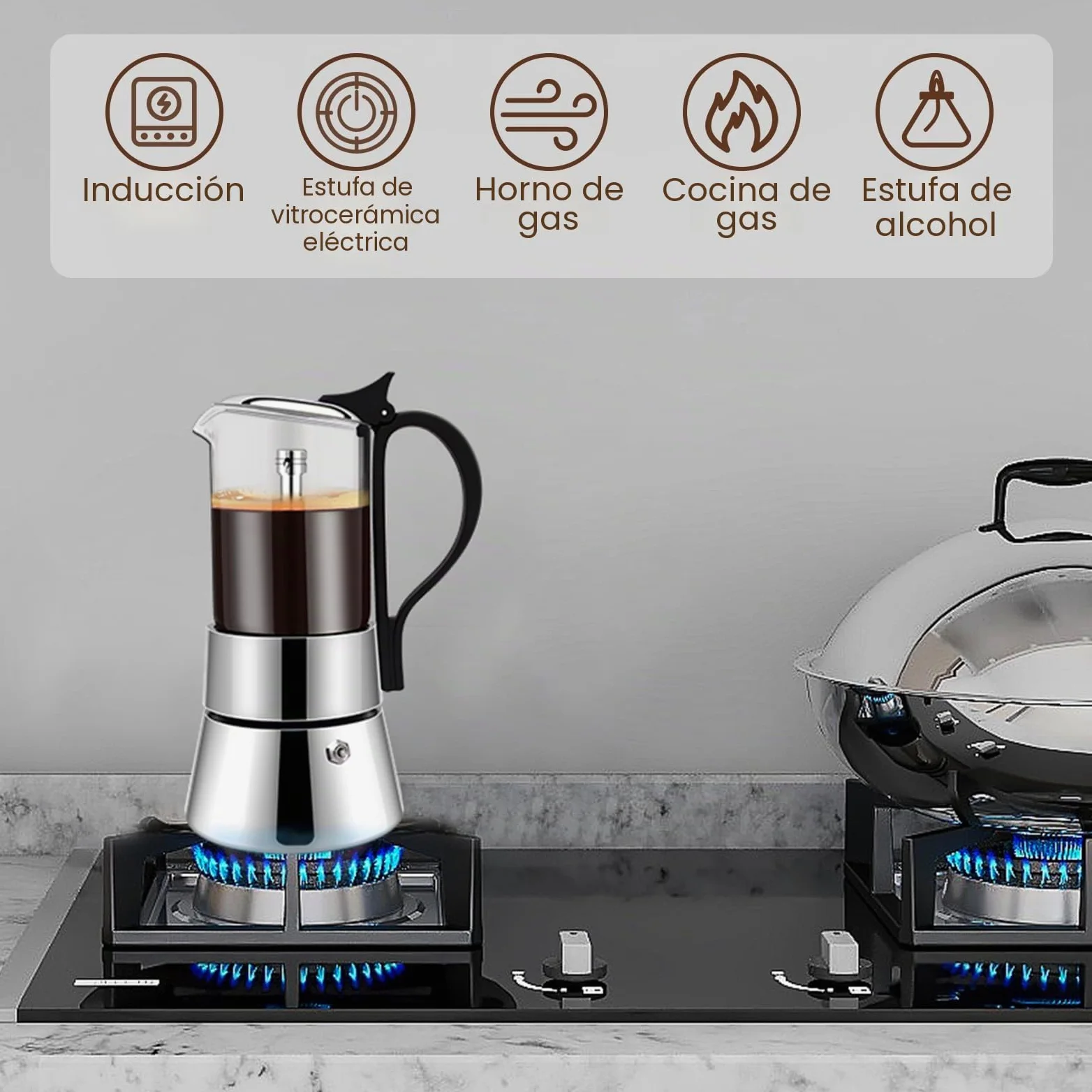 Cafetera Espresso Transparente de Acero Inoxidable 304 Moka Pot Cafetera Espresso Cafetera Percoladora Capaz Cafetera Moka Cafetera Percoladora Para Casa y Camping 6 Taza 350ml