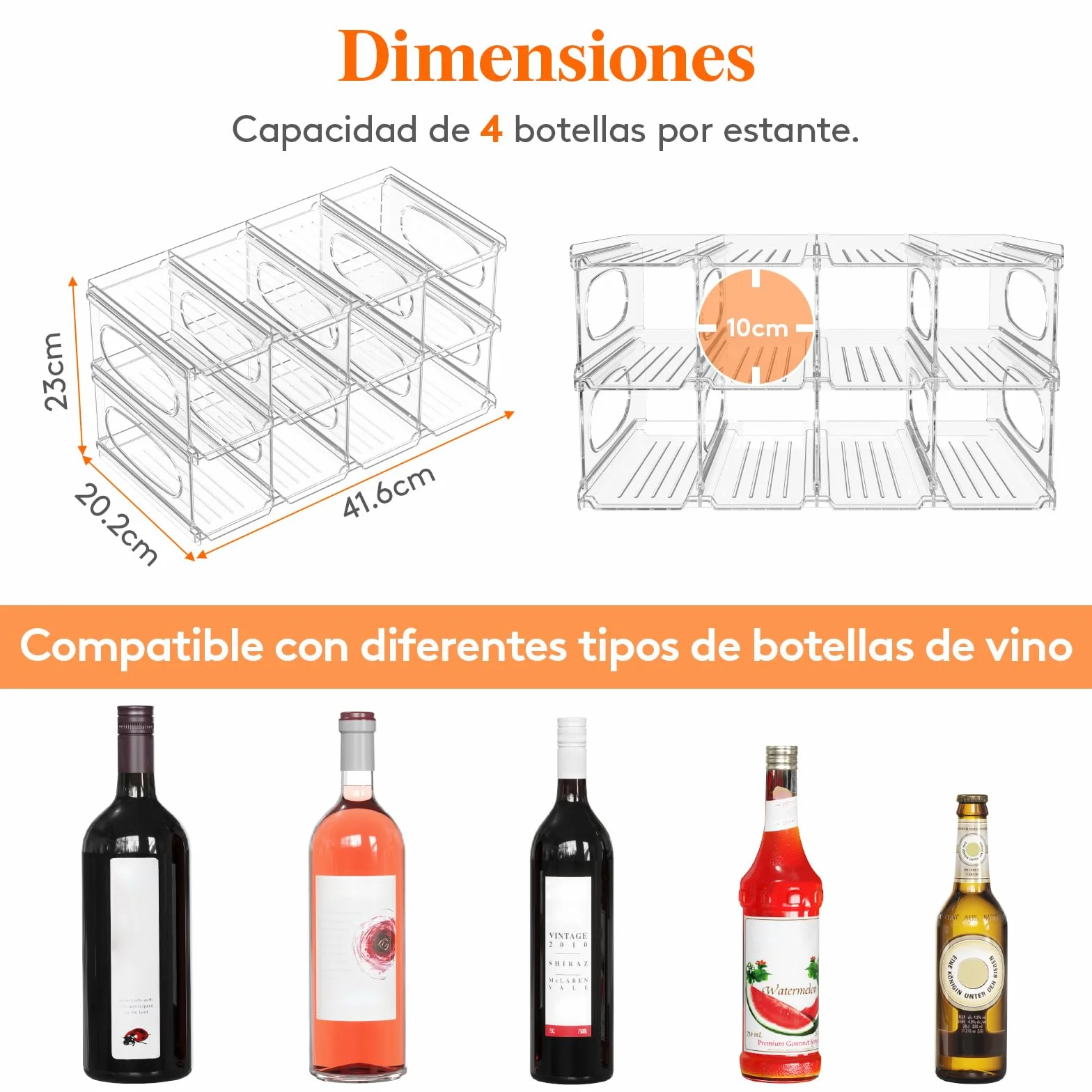 Lifewit Botellero Frigorifico para 12 Botellas, 3 Niveles Apilables Botellero para Vino, 42 x 20 x 23 cm Organizador Botellas