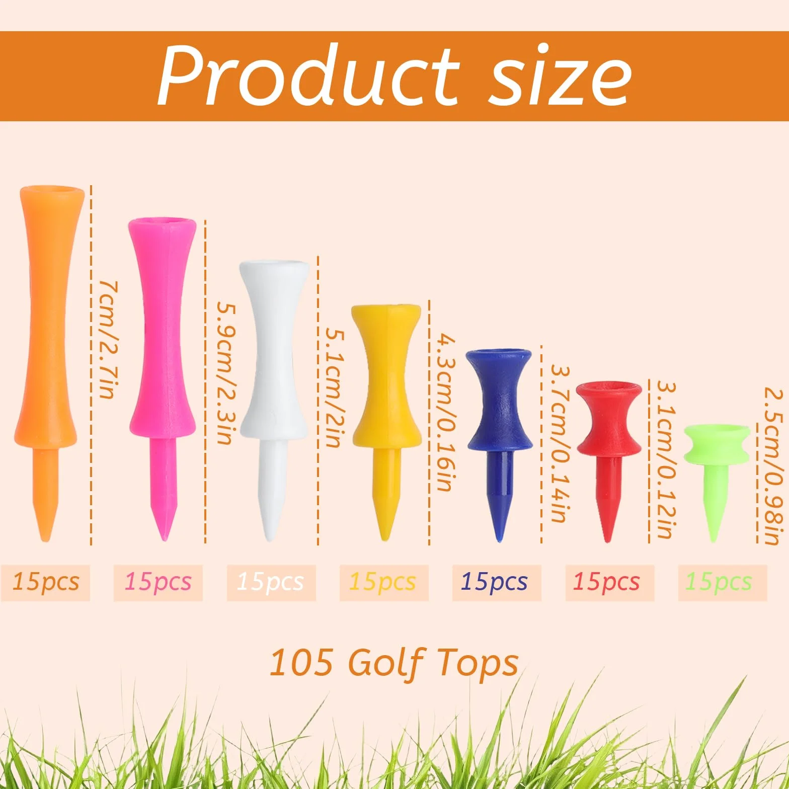 Golf Tees de Plástico 105 Piezas, PP Resistentes 7 Colores y Alturas para Entrenamiento y Golf de Invierno