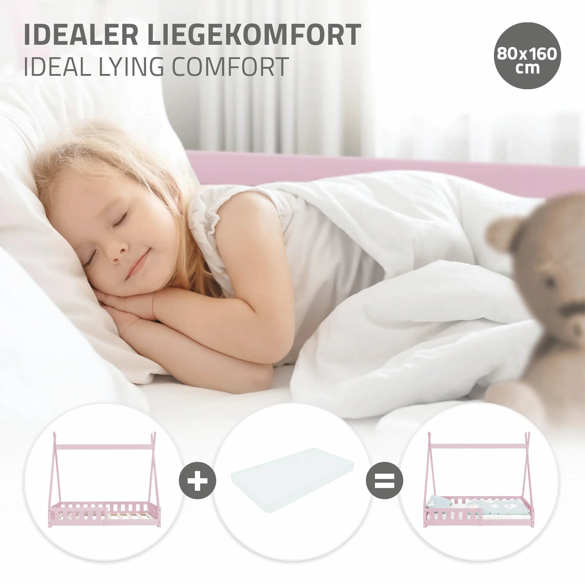 ML-Design Cama Infantil Tipi 80x160 cm con Protección Anticaída y Somier Estructura Listones de Madera de Pino Maciza Rosa Lecho Cuna de Suelo Forma de Casa Mobiliario Juego Tienda de Campaña Niños