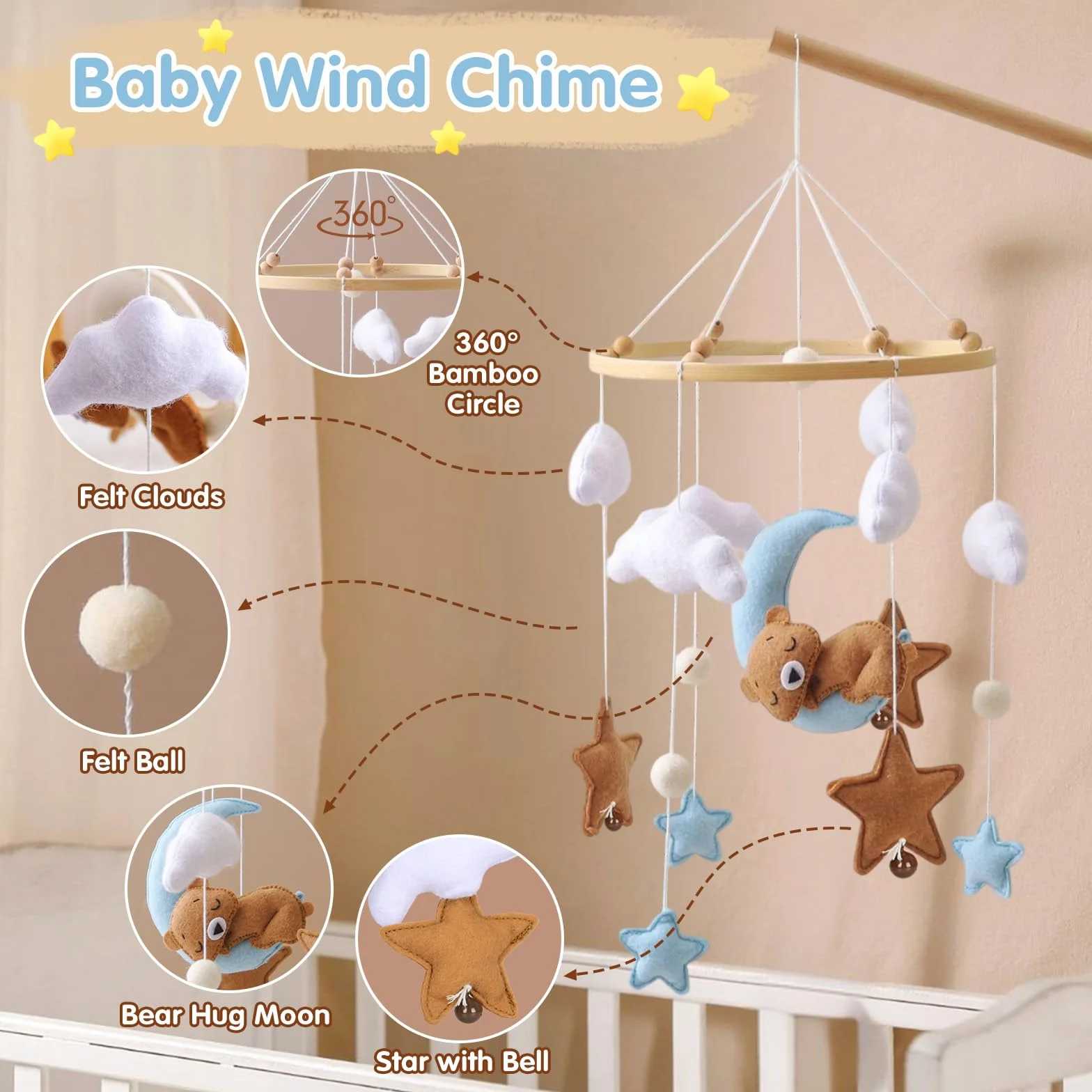 Móvil Decorativo para Cuna de Bebé con Oso Luna Estrellas Nubes