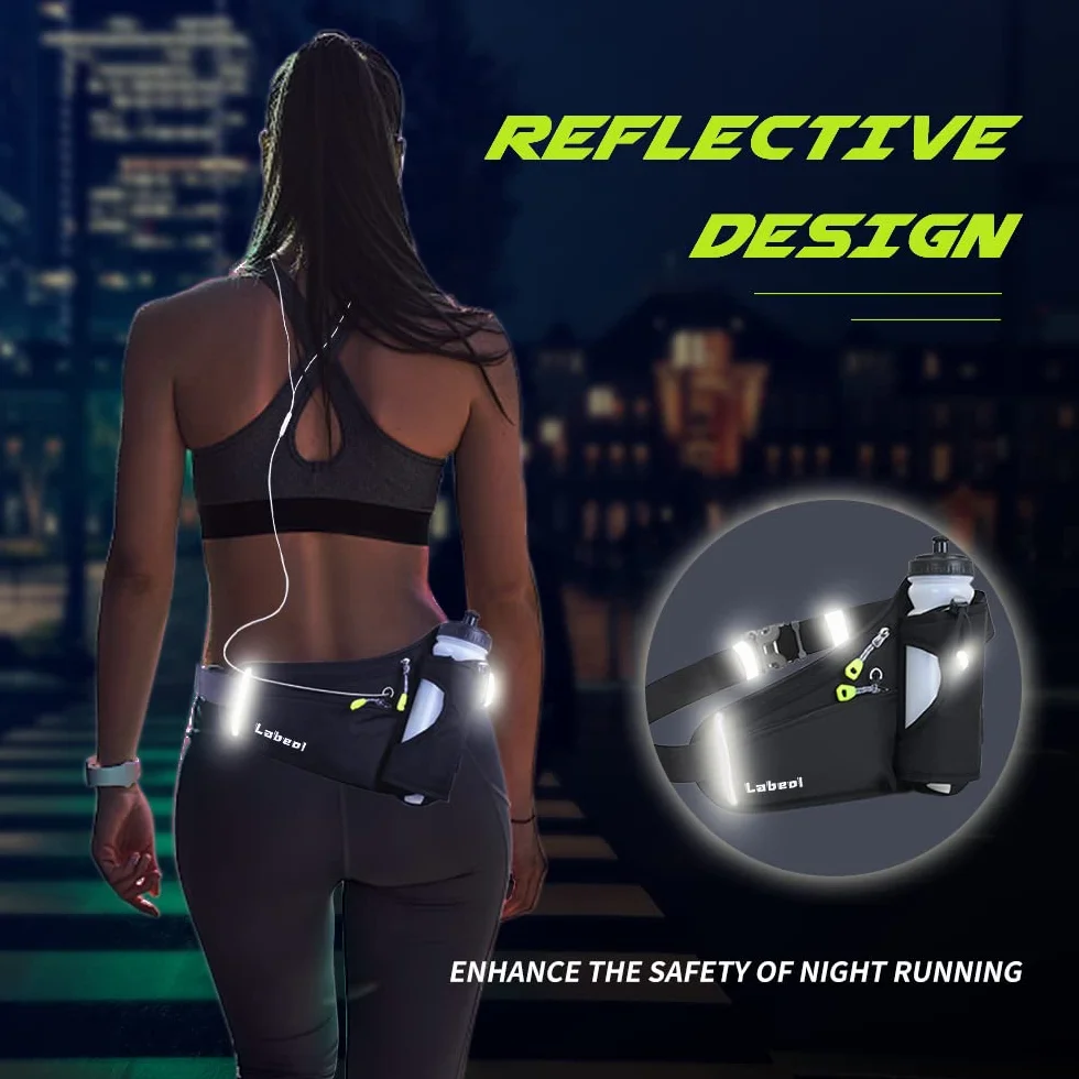 Cinturón de hidratación para correr con soporte para botella, riñonera reflectante ajustable, portabotellas, compatible con teléfono, negro