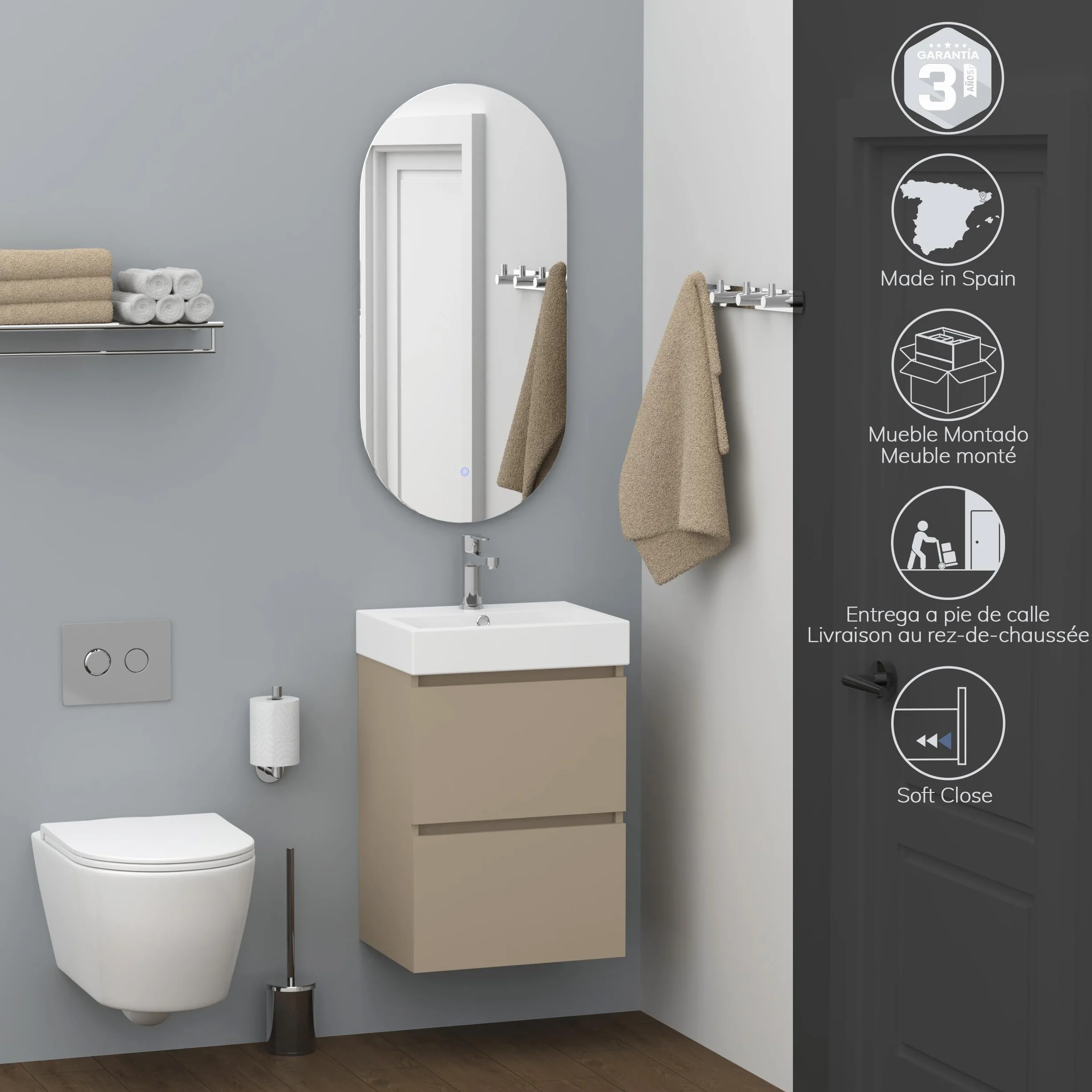 Baikal Mueble de Baño Nix. Mueble MONTADO. 2 Cajones Suspendido con Lavabo. Armario de Baño. Lavabo Ceramico. 45cm Fango.