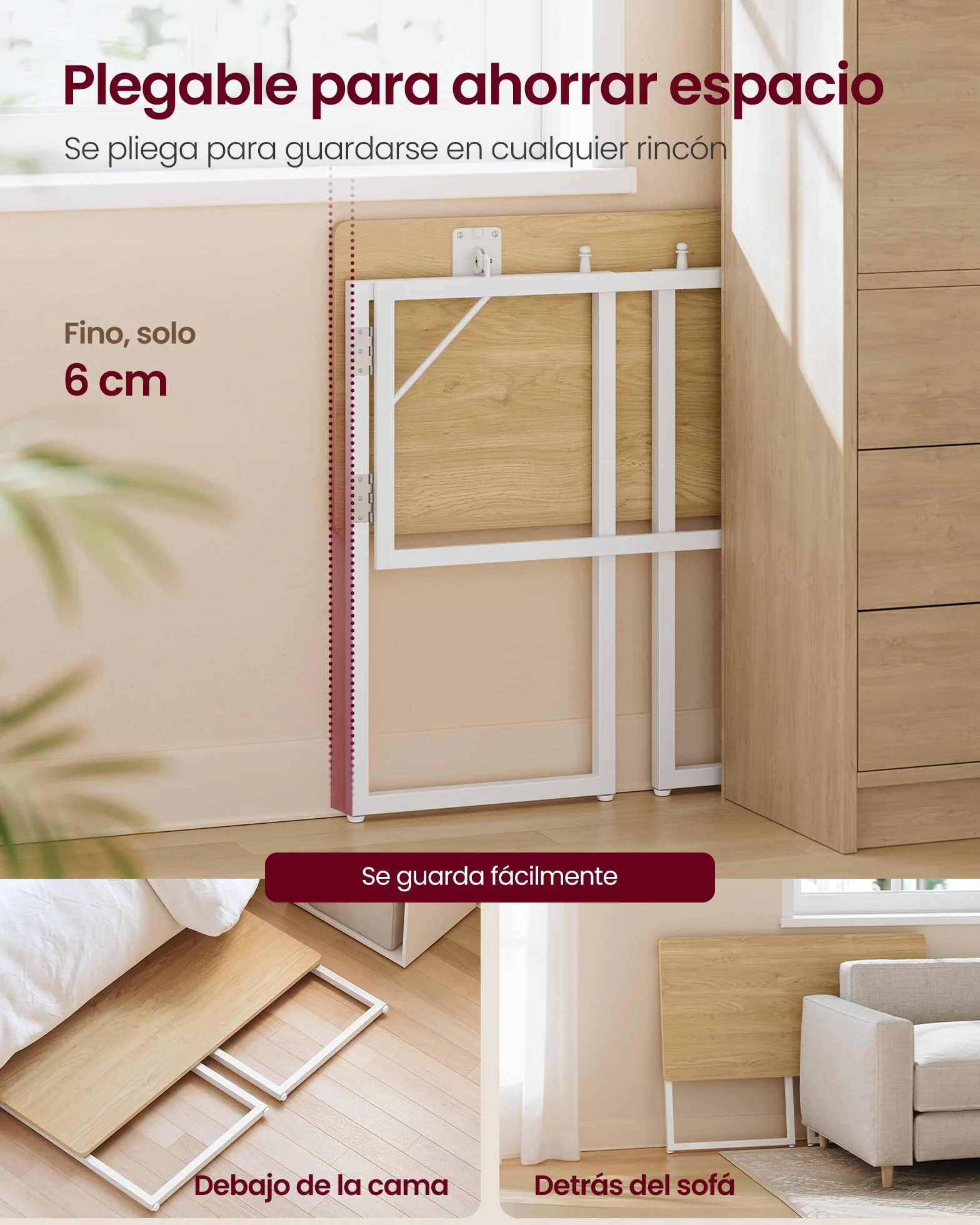 VASAGLE Mesa Plegable, Escritorio Plegable, Tablero de una Pieza, Bordes Redondeados, para Dormitorio, Balcón o Camping, Fácil Montaje, 100 x 50 cm, Roble Natural LWD152YD01