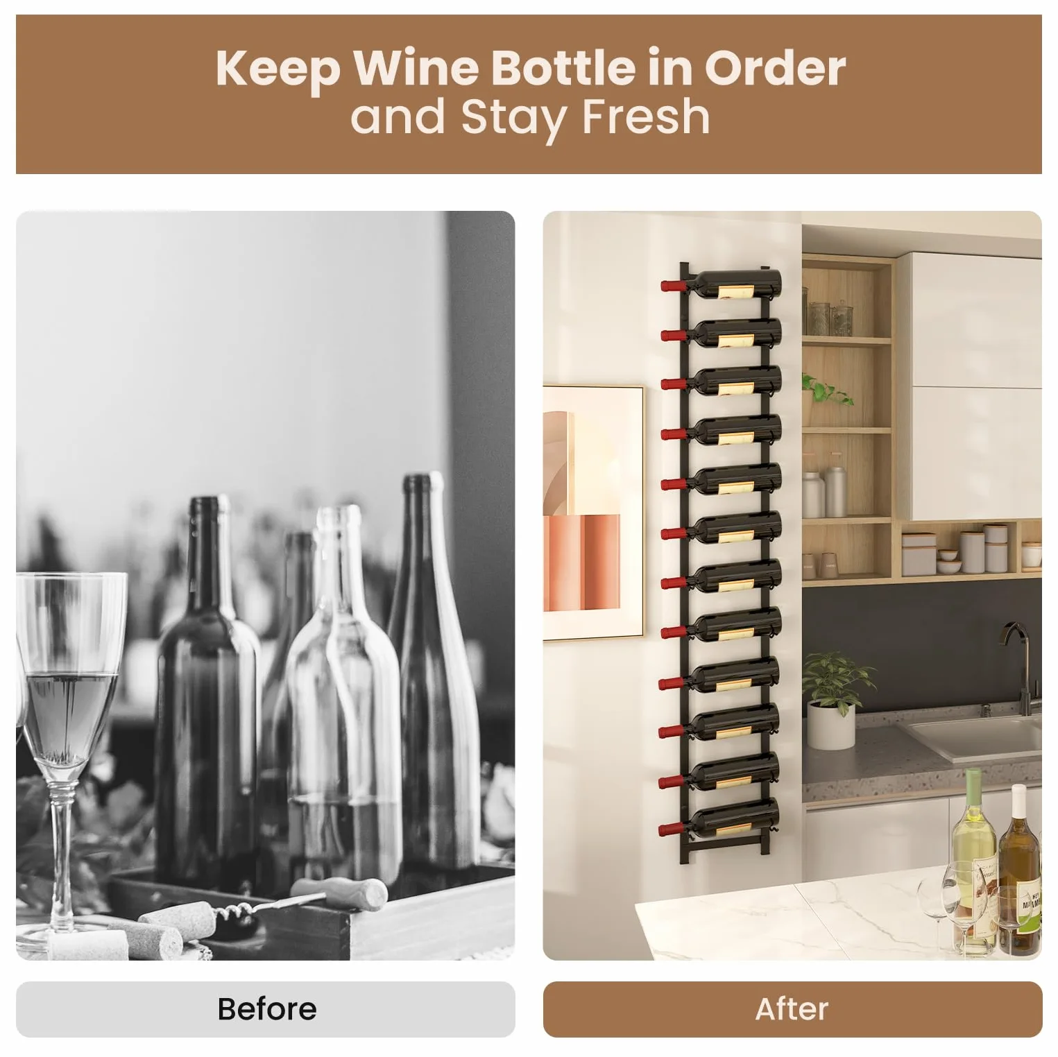 KOMFOTTEU Botellero Vino de Pared para 6/9/12 Botellas, Portabotella Metálica Vertical, Estante Colgante Decorativo para Vino, Organizador de Botellas para Cocina, Comedor, Bar (12 Botellas)