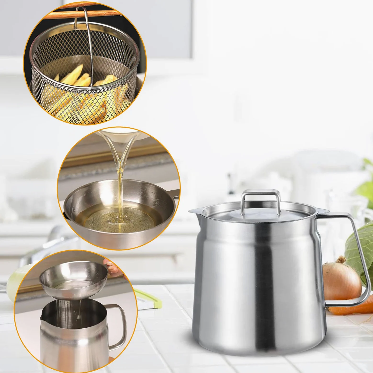 Ollas coladoras de aceite portátiles 2 en 1 para cocinas y al aire libre, de acero inoxidable, freidoras con cesta para cocinar