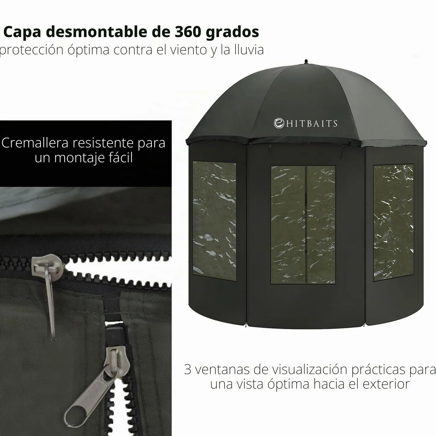 Paraguas de pesca impermeable 240 cm, Negro