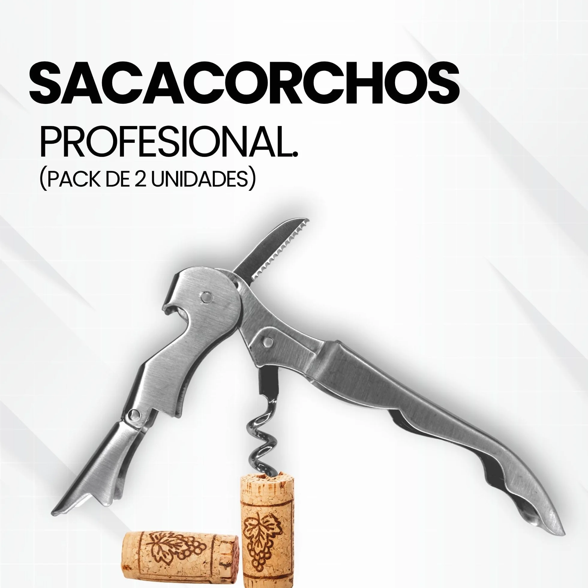 Abridor de Vino (Pack de 2) | Sacacorchos Profesional | Abrebotellas | Saca Rolhas de Acero Inoxidable | Abridor Botellas Vino Resistente (Plateado 2 Unidades)