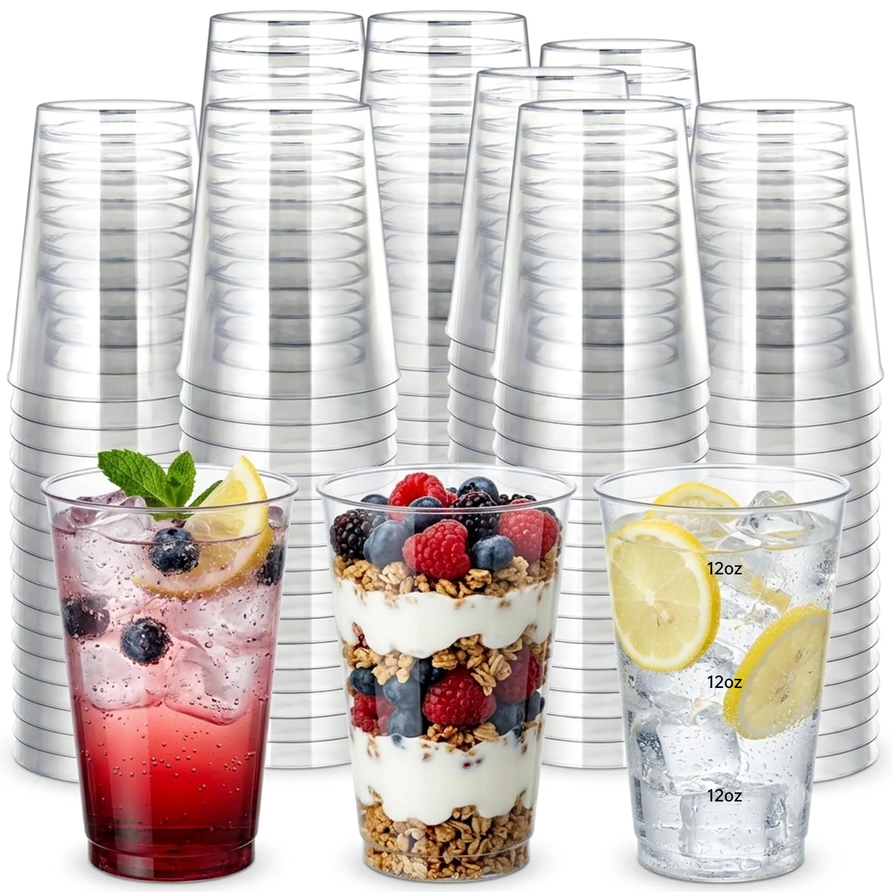 Byvivace Vasos de plástico duro, vasos desechables para fiestas, 340 ml, transparentes, elegantes, vasos de boda, copas de vino desechables para fiestas, 100 unidades