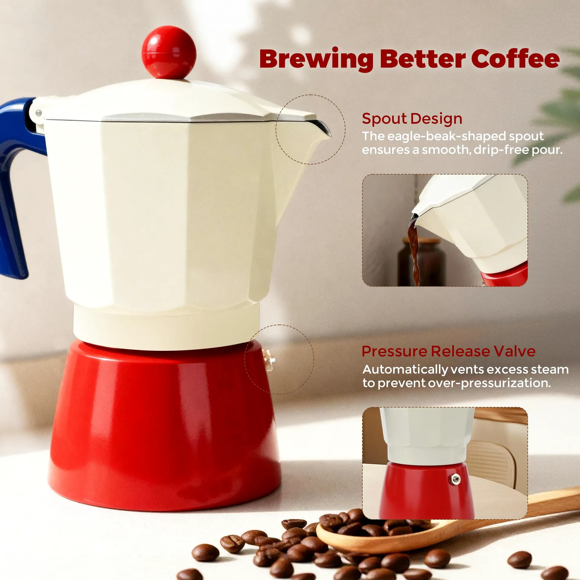 ShanSon Moka Pot - Cafetera italiana de 3 tazas de 5 onzas, cafetera italiana manual de percolador de café cubano, cafetera italiana espresso Greca para capuchino o café con leche, rojo/blanco