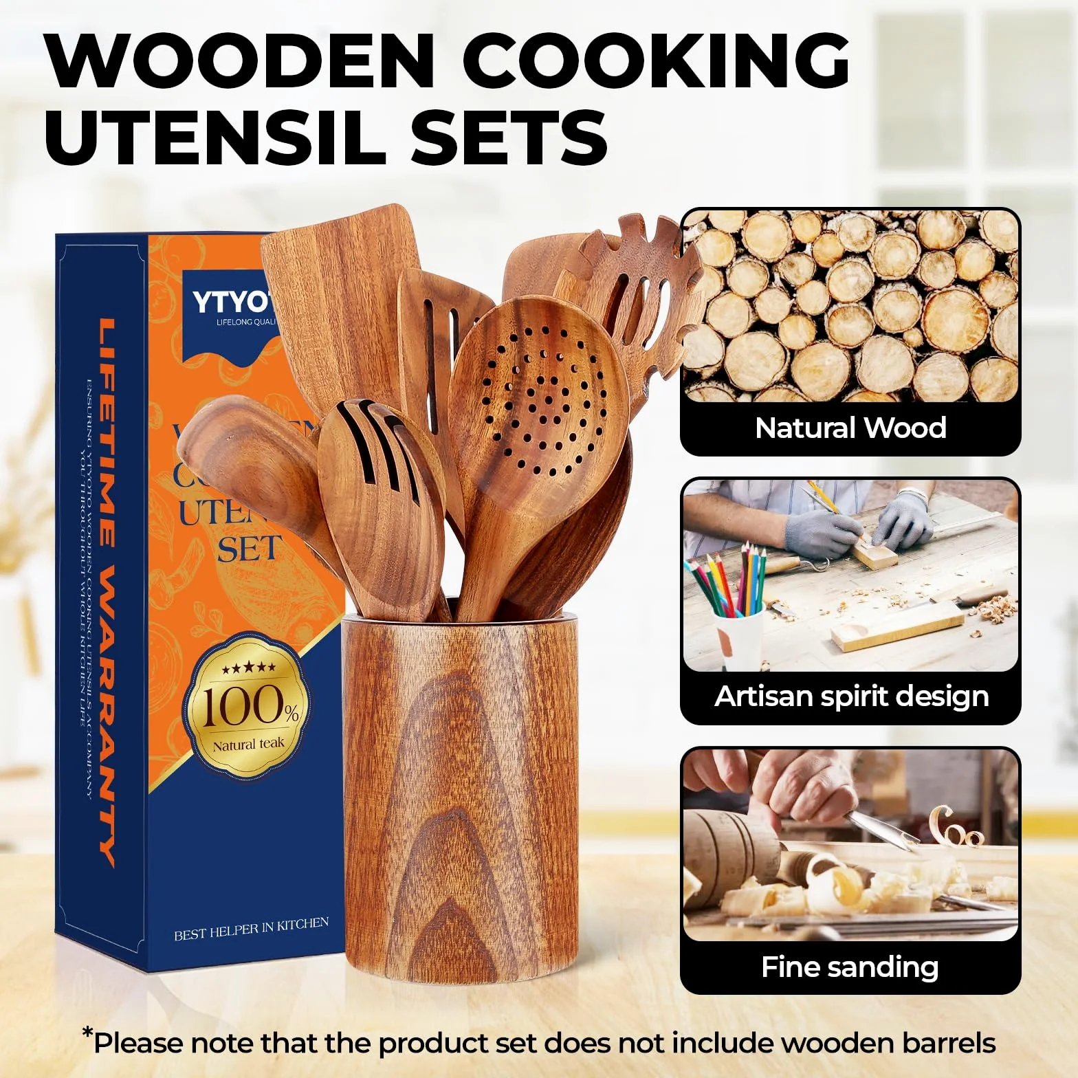 9 utensilios de cocina de madera, cucharas de madera para cocinar, juego de utensilios de cocina de madera de teca