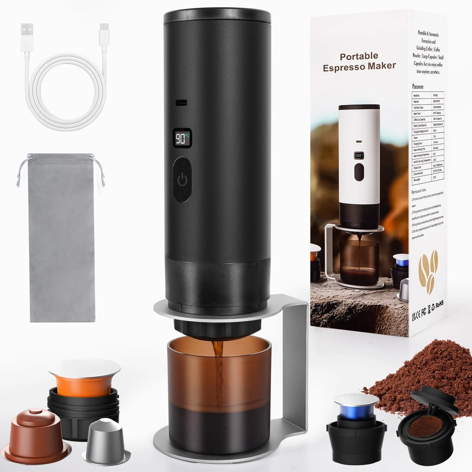 LAMA Cafetera de viaje espresso, autocalentable, portátil 3 en 1, nano cafetera de coche para cápsulas grandes, cápsulas pequeñas, café molido, 7800 mAh, cafetera espresso para senderismo, camping