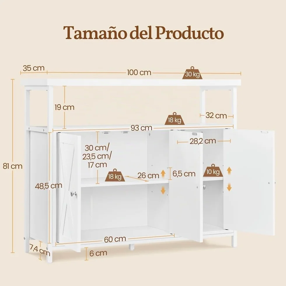 Yaheetech Aparador de Comedor Armario de Madera con 3 Puertas Armario de Almacenamiento con Estantes Ajustables para Salón Pasillo Cocina Sala de Estar 100x35x81.5 cm Blanco