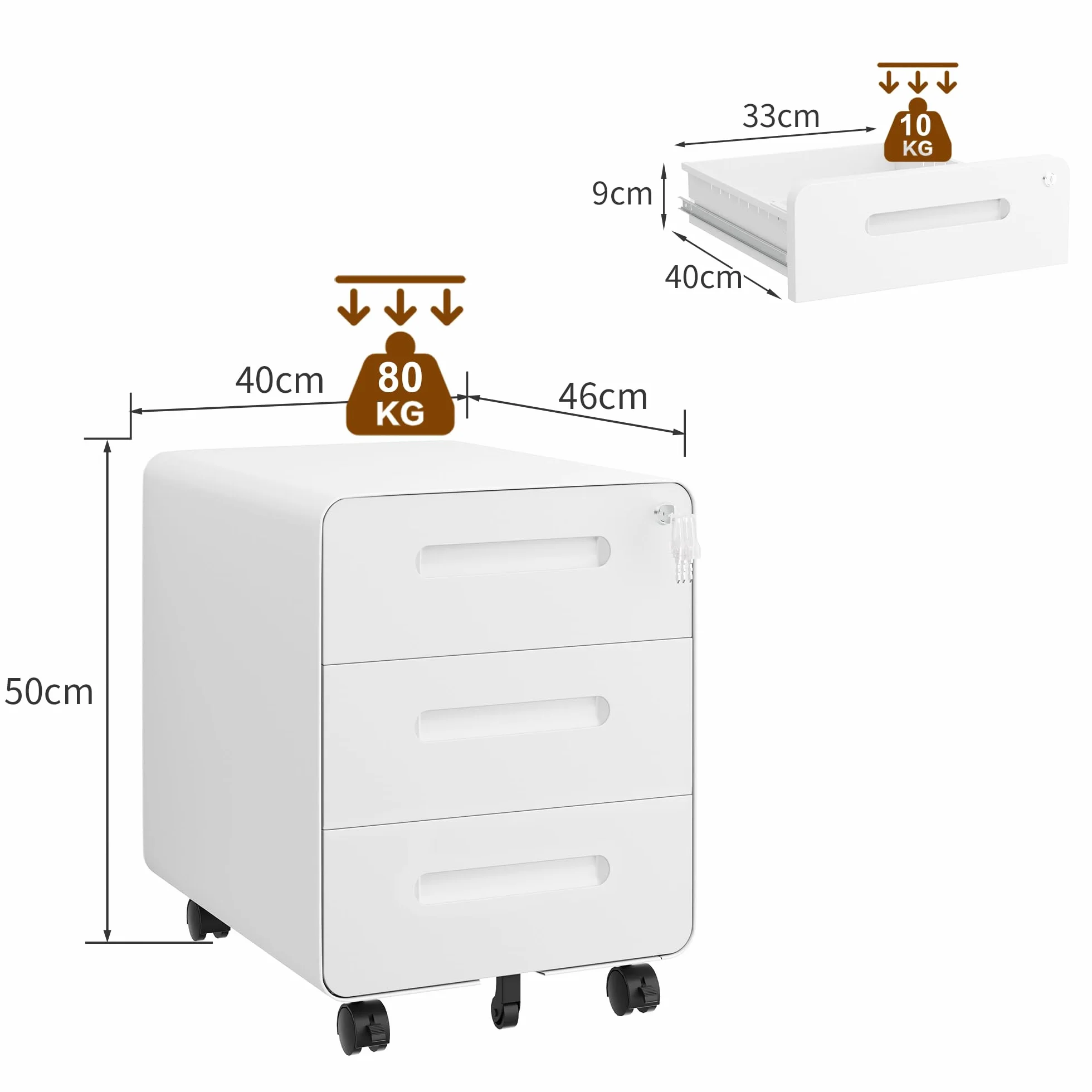 Cajonera Móvil con 3 Cajones, Archivador de Oficina con Ruedas, Diseño de Esquinas Redondeadas, Completamente Ensamblado, con Cerradura y 4 Llaves, Blanco