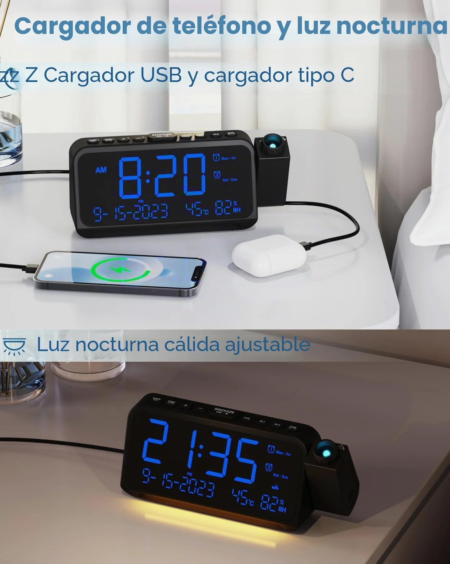 Roxicosly Reloj despertador de proyección para techo de dormitorio, 118 dB súper fuerte para personas que duermen mucho, pantalla digital regulable grande de 6.7 pulgadas con fecha de día, humedad de