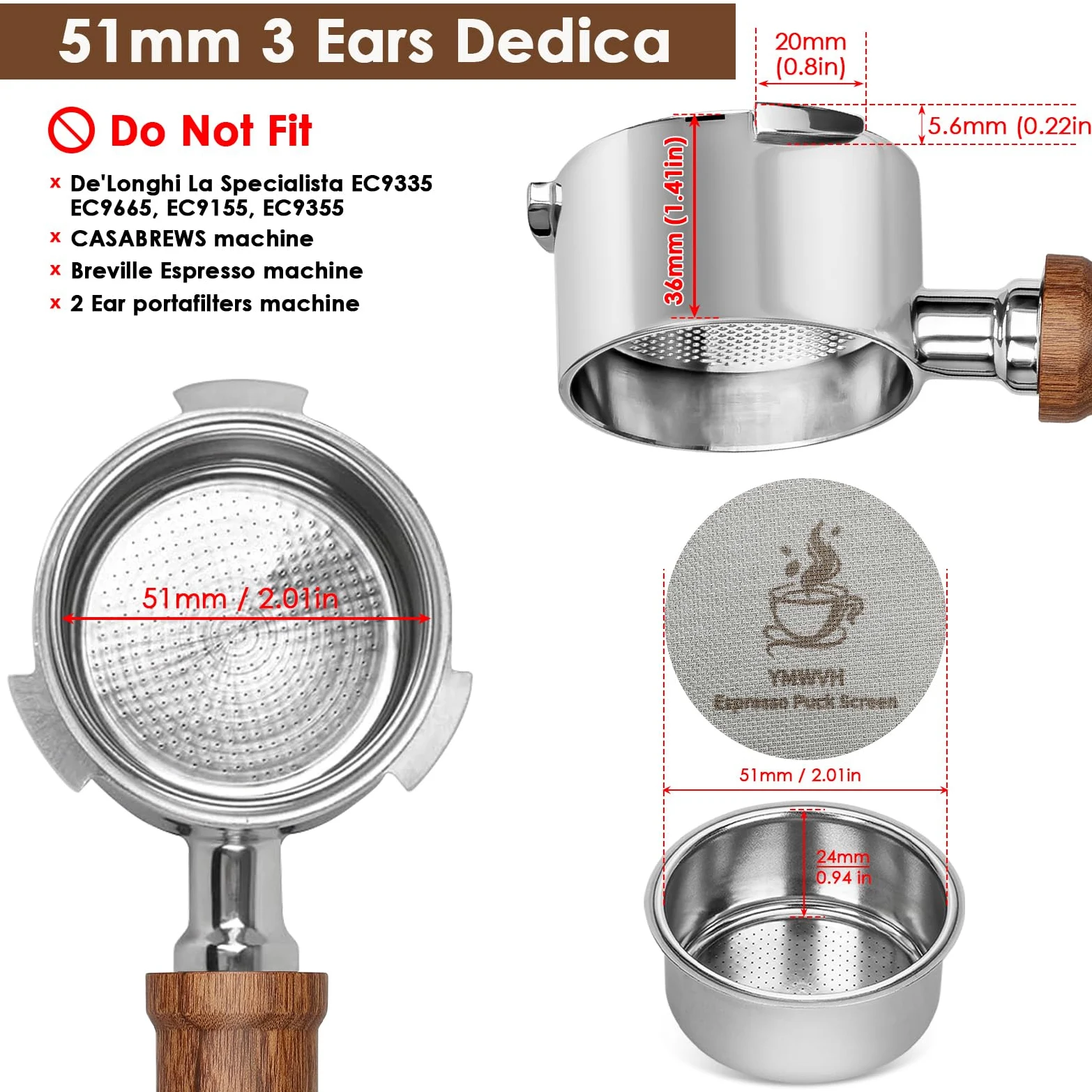 Portafiltro sin fondo Espresso de 51 mm, 3 orejas, apto para máquina de espresso Delonghi Dedica EC680, EC685 y EC885, portafiltro sin fondo de acero inoxidable 100%, con pantalla de disco y filtro de
