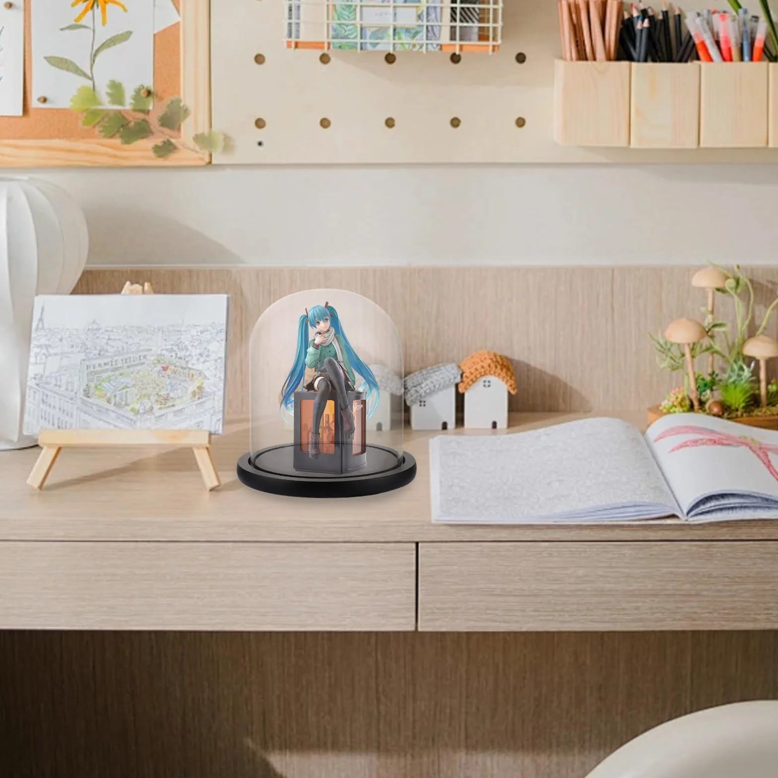 Campana de cristal transparente 17 cm con tapa y base de madera para decoración