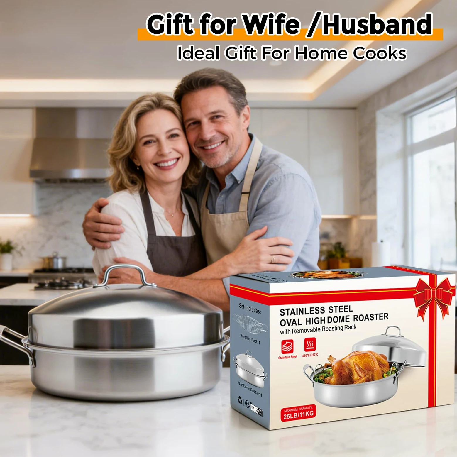 Sartén grande para asar con estante y tapa, regalos para mamá, mujer, esposa, tostadora ovalada grande de acero inoxidable, utensilios de cocina antiadherentes para pollo y pavo, 21 pulgadas