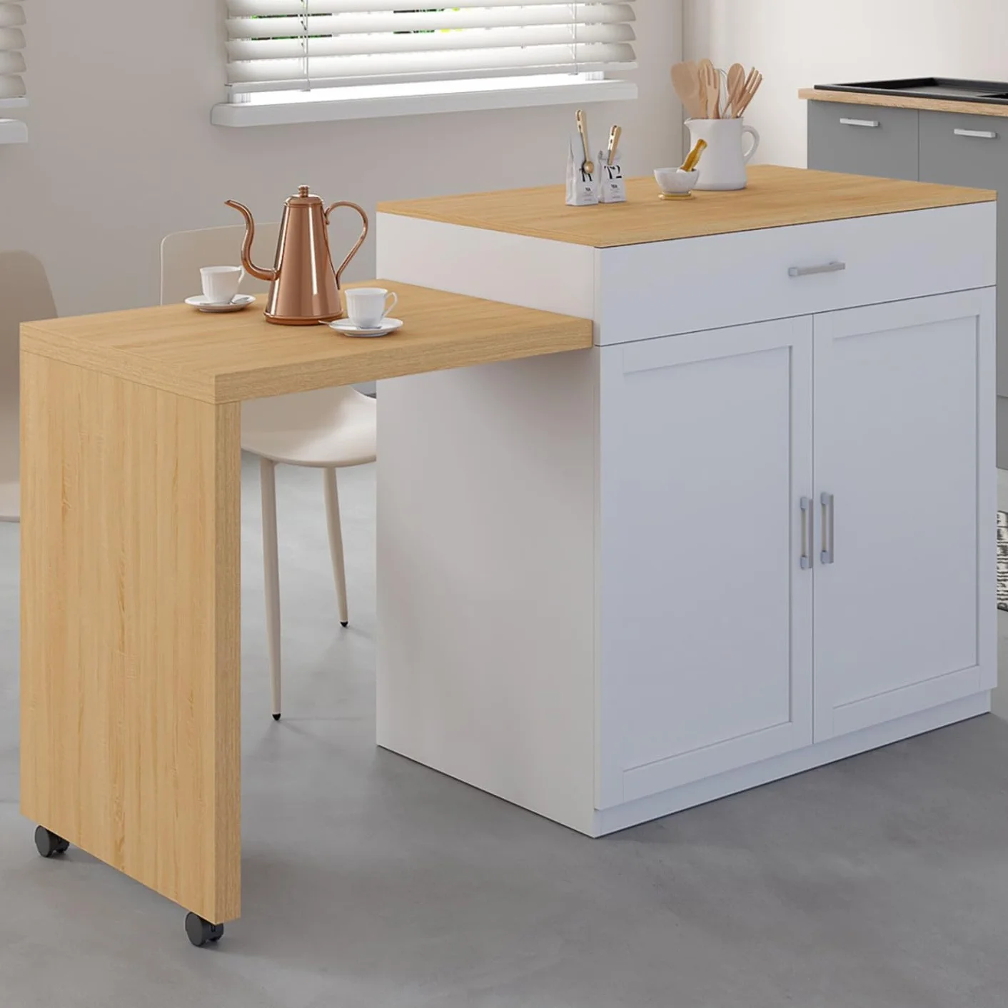 IDMarket - Isla Central VITO 94-155 cm Madera Blanca con Mesa de Comedor Extensible Integrada estilo Haya