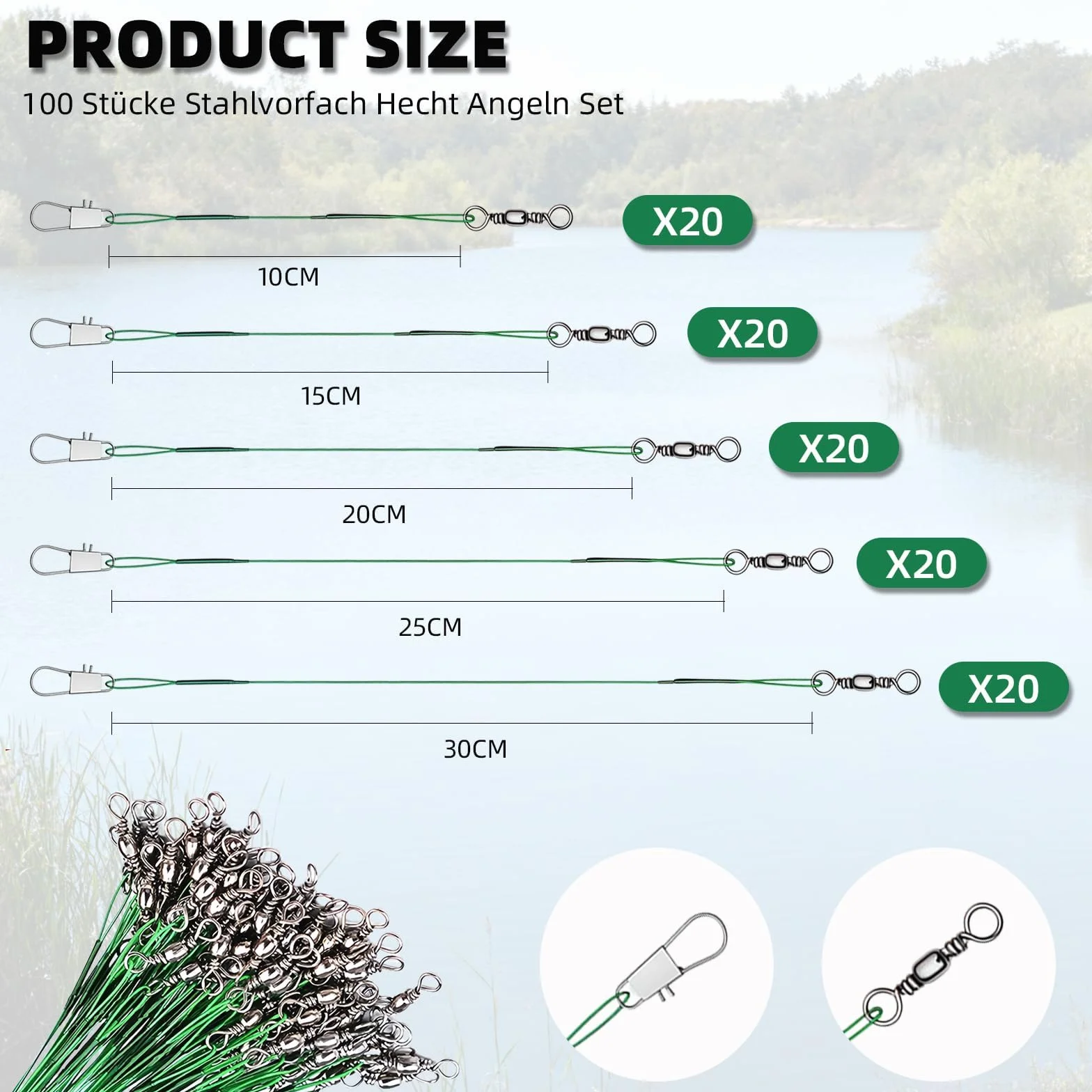 Juego de 100 anzuelos de acero inoxidable para pesca spinning, 5 tamaños, resistente a la rotura, accesorios de pesca