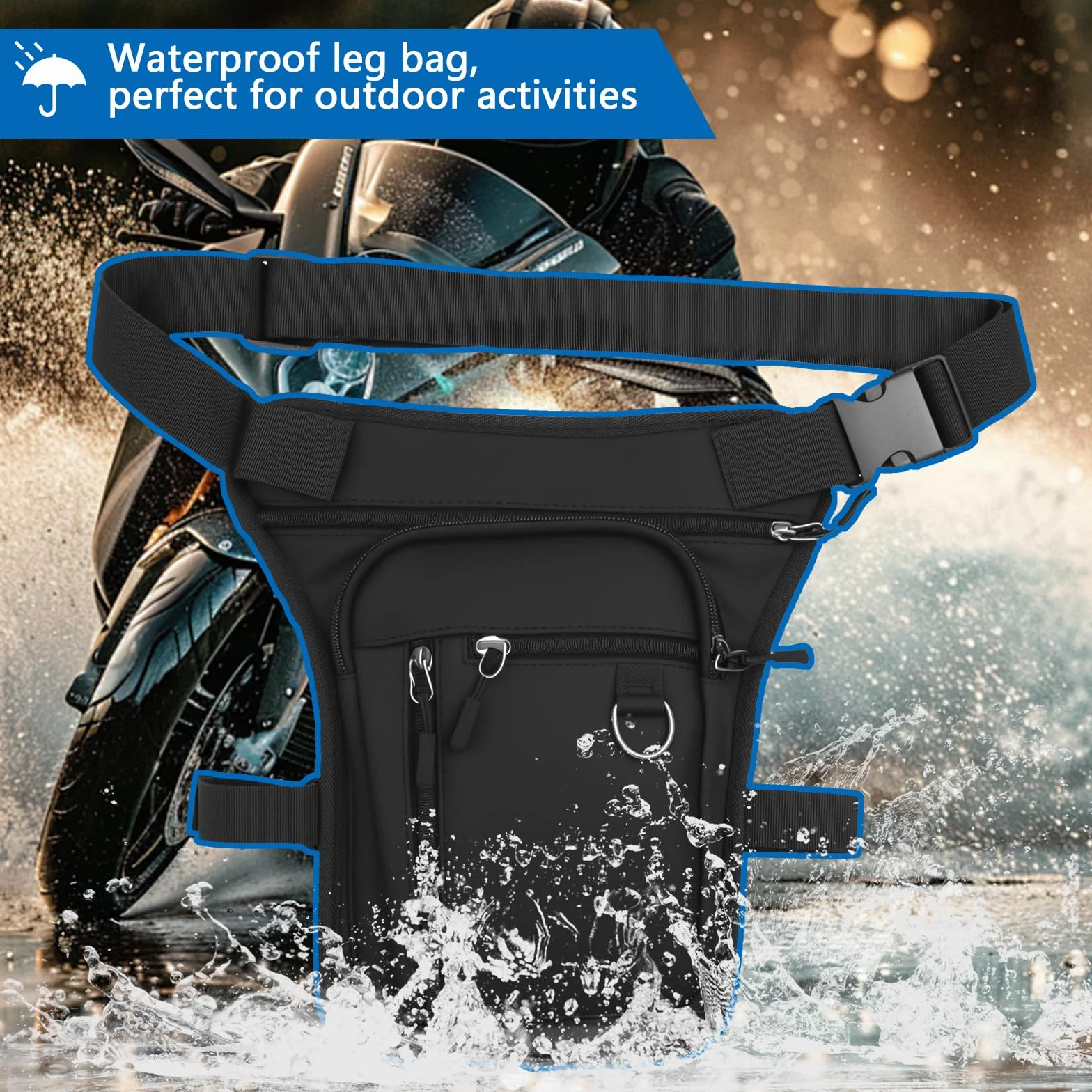 Riñonera Negra Impermeable Moto Bolsa Pierna Ajustable Multiusos para Acampada Senderismo Ciclismo Running