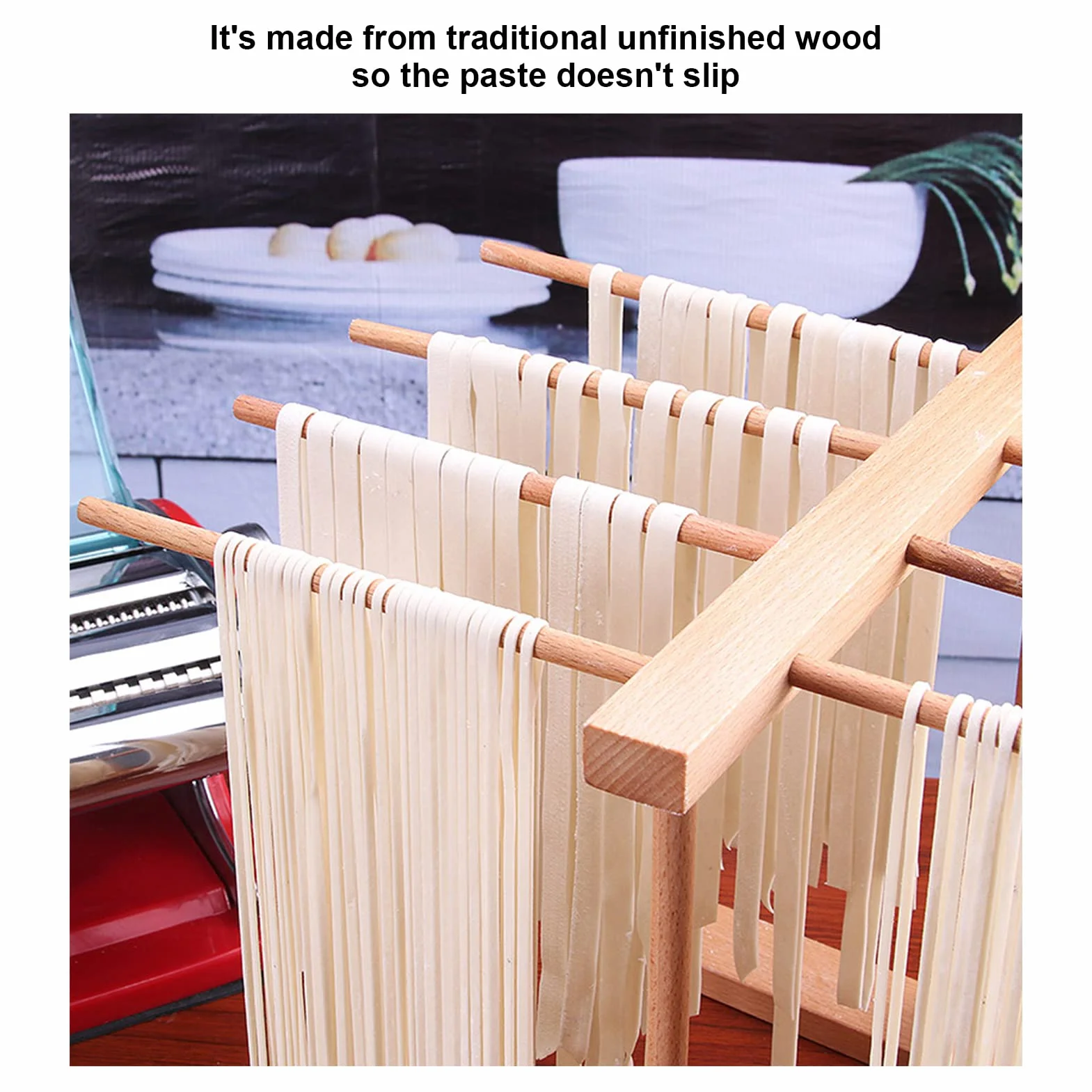 Secador de Pasta, Rejilla de Secado de Pasta de Madera Plegable Madera de Haya Natural, con Asas de 8 Barras Rejilla de Secadora Colgante de Espagueti, para Restaurante Hoga