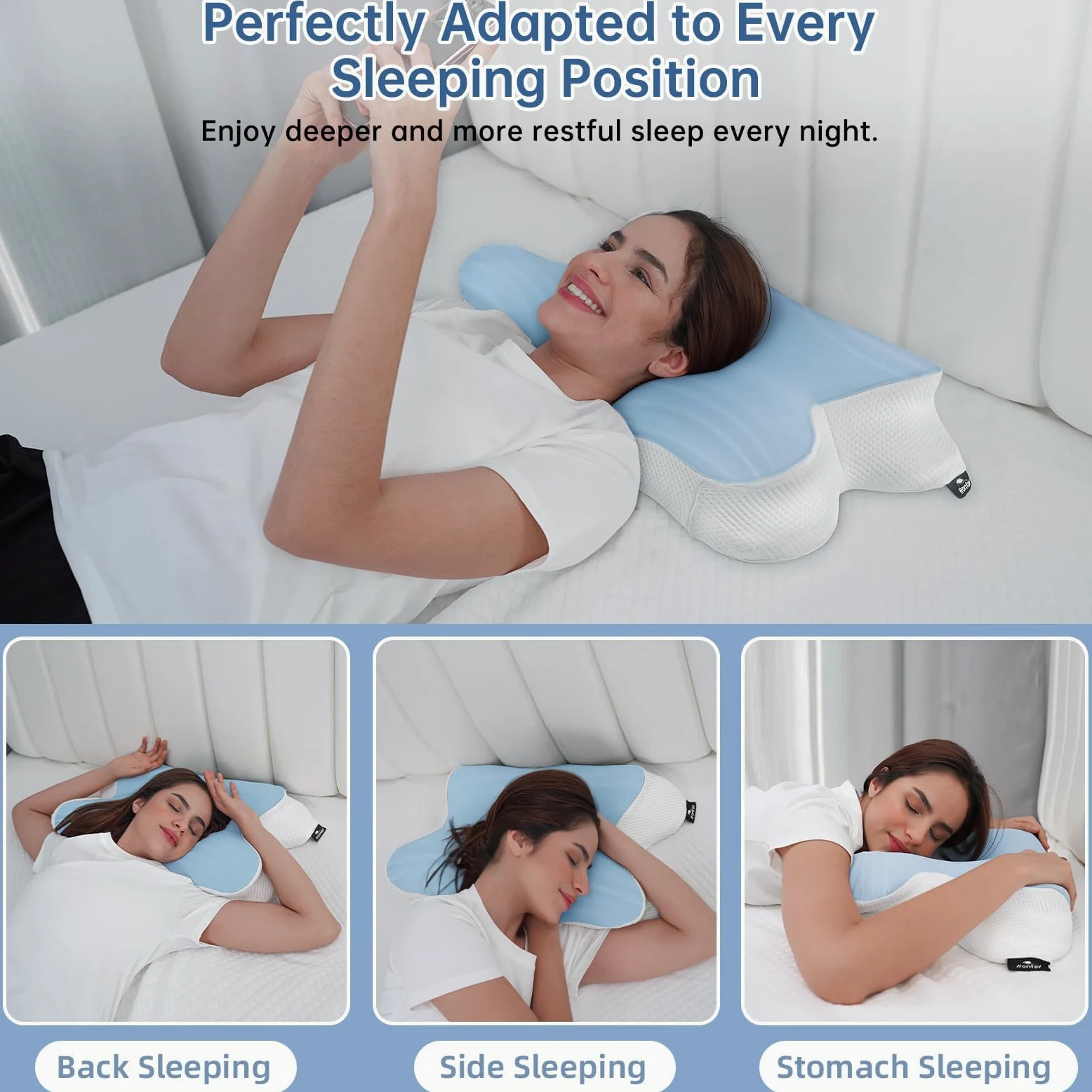 Almohadas Cervicales para Dormir, Almohada Ortopédica de Memoria de Forma con Diseño Mariposa, Cojín Ergonómico para Dormir de Lado, Espalda y Boca Abajo, 62 x 42 x 10,5 cm, Azul